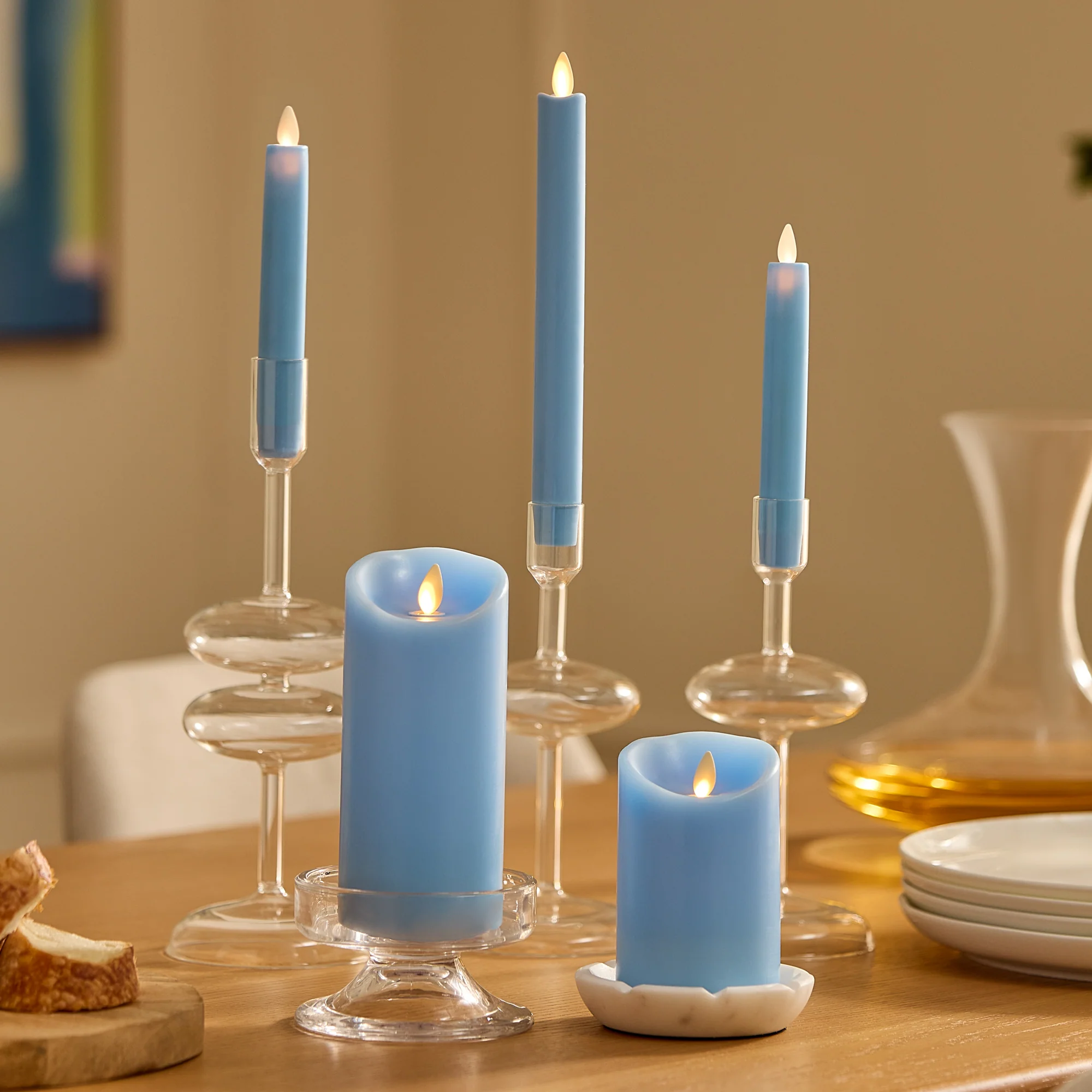 Airy Blue Flameless Candle Pillar - Scallop Top - 3" Width - Image 2