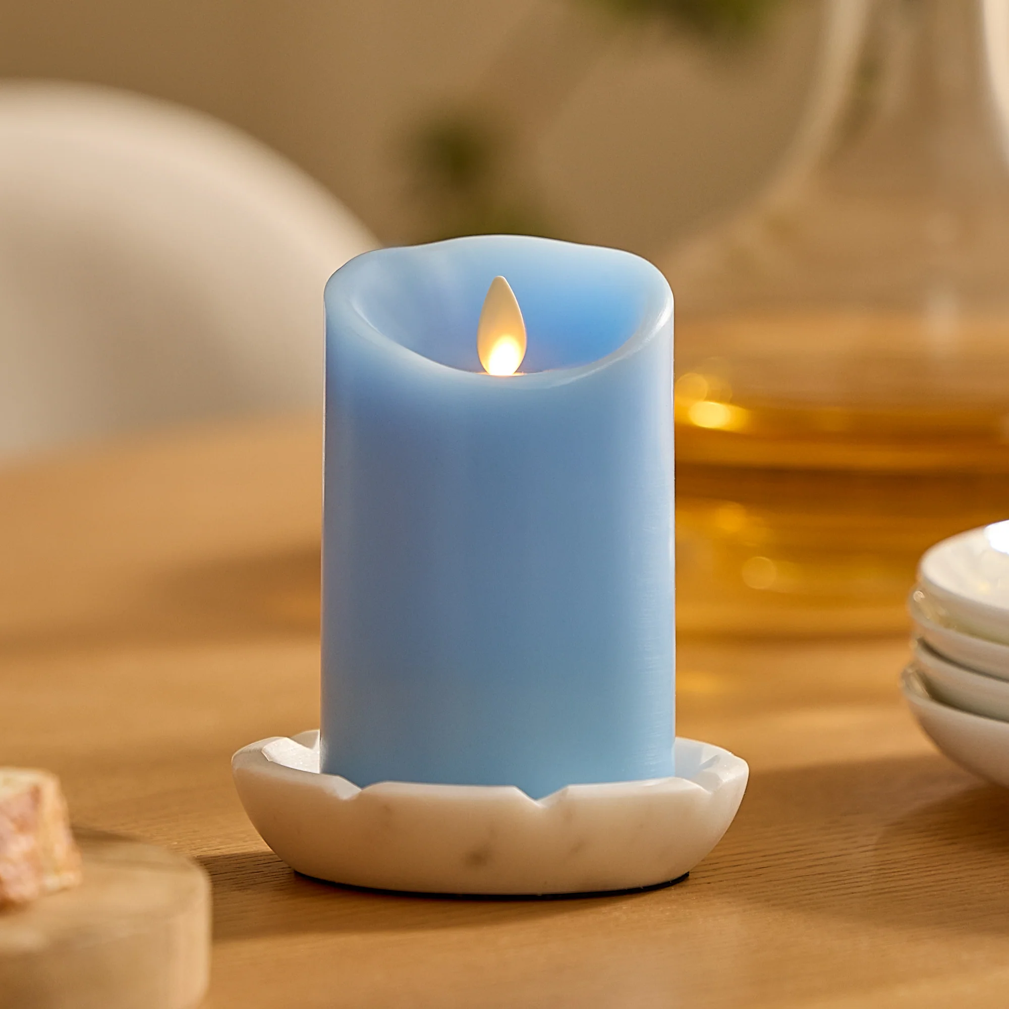 Airy Blue Flameless Candle Pillar - Scallop Top - 3" Width - Image 6