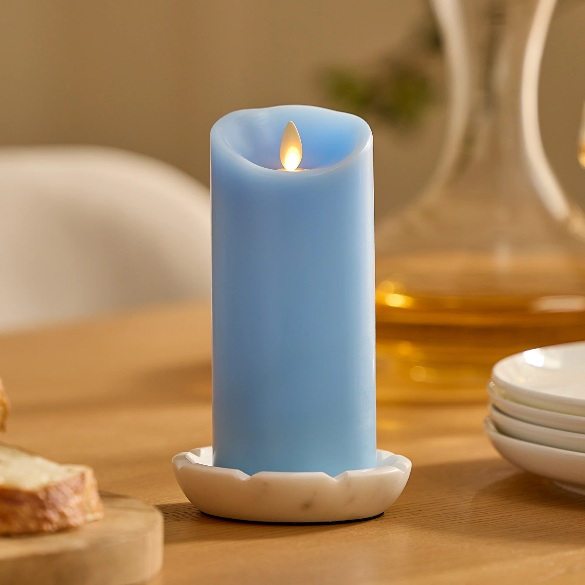 Airy Blue Flameless Candle Pillar - Scallop Top - 3" Width - Image 8