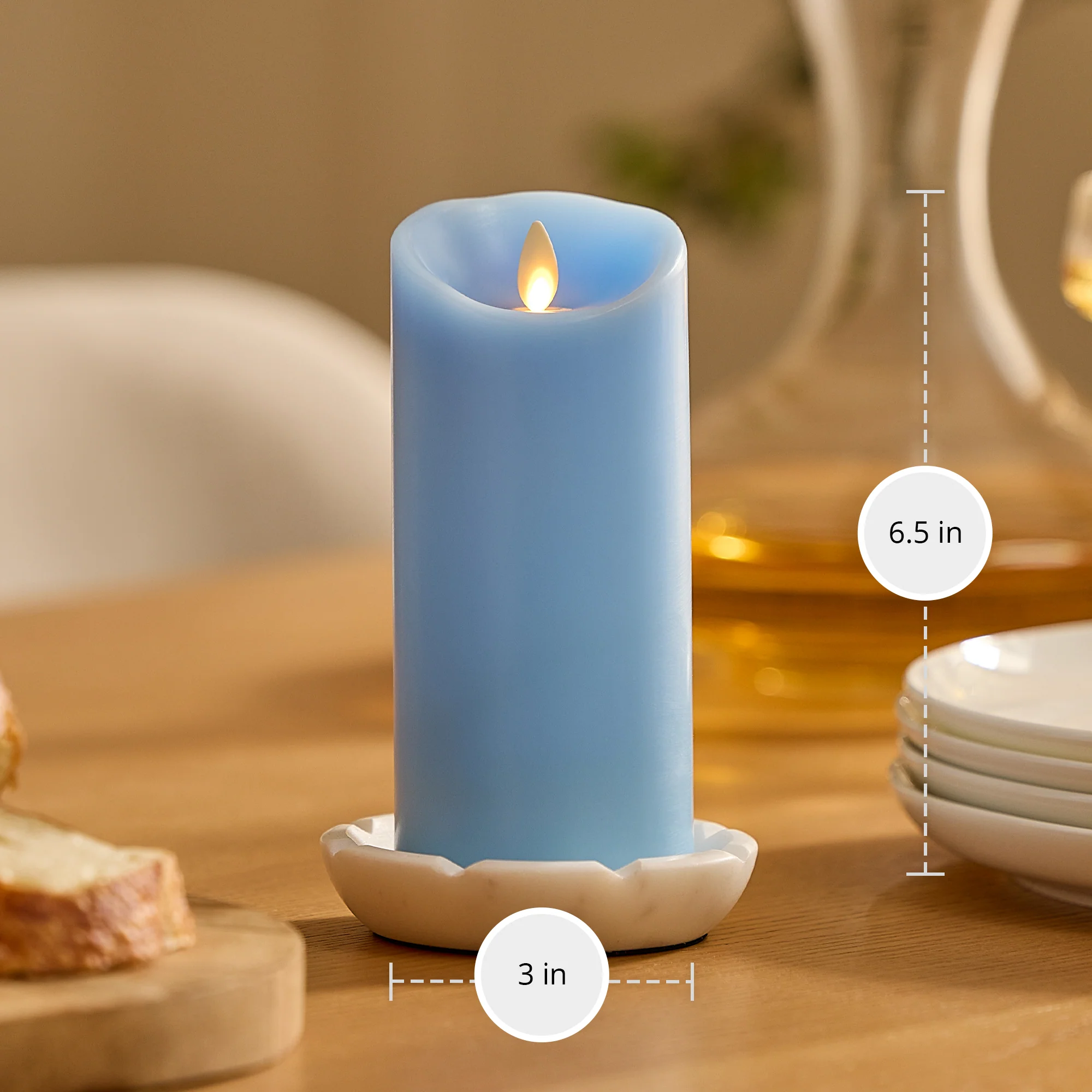 Airy Blue Flameless Candle Pillar - Scallop Top - 3" Width - Image 9