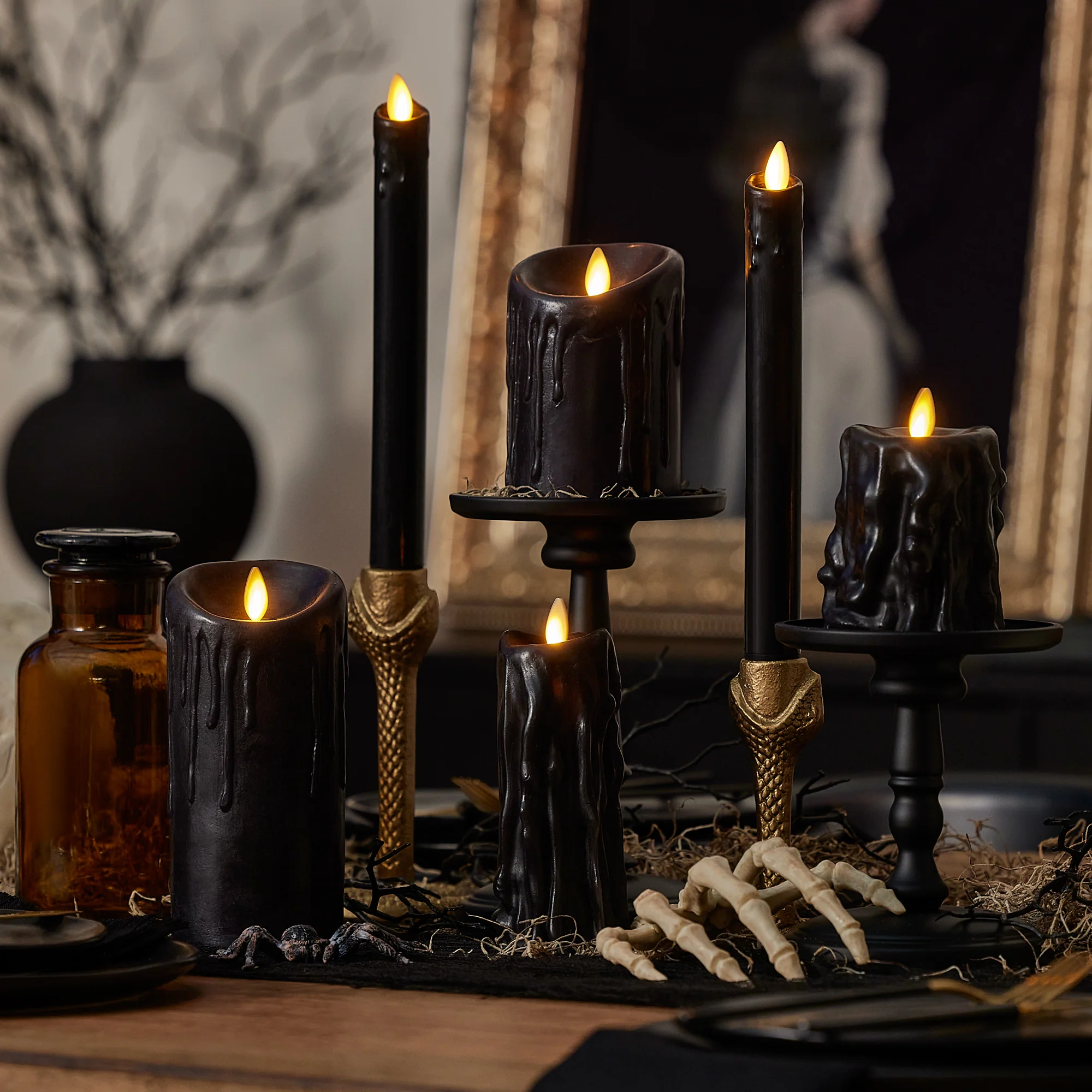 Black Heavy Wax Drip Flameless Candle Slim Pillar - Image 3