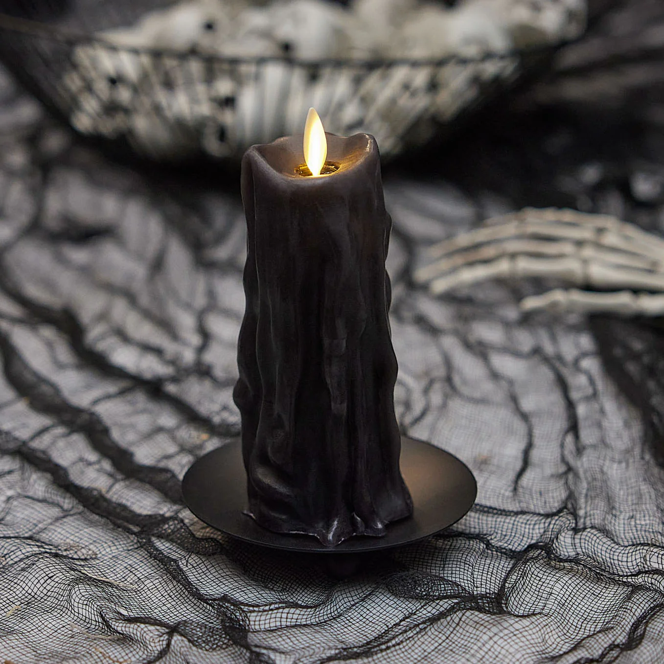 Black Heavy Wax Drip Flameless Candle Slim Pillar - Image 8