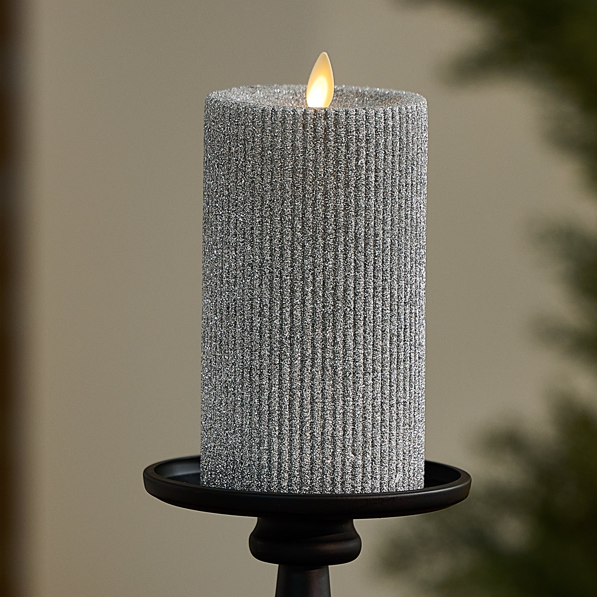Brilliant Silver Glitter Ribbed Flameless Candle Pillar - Image 10