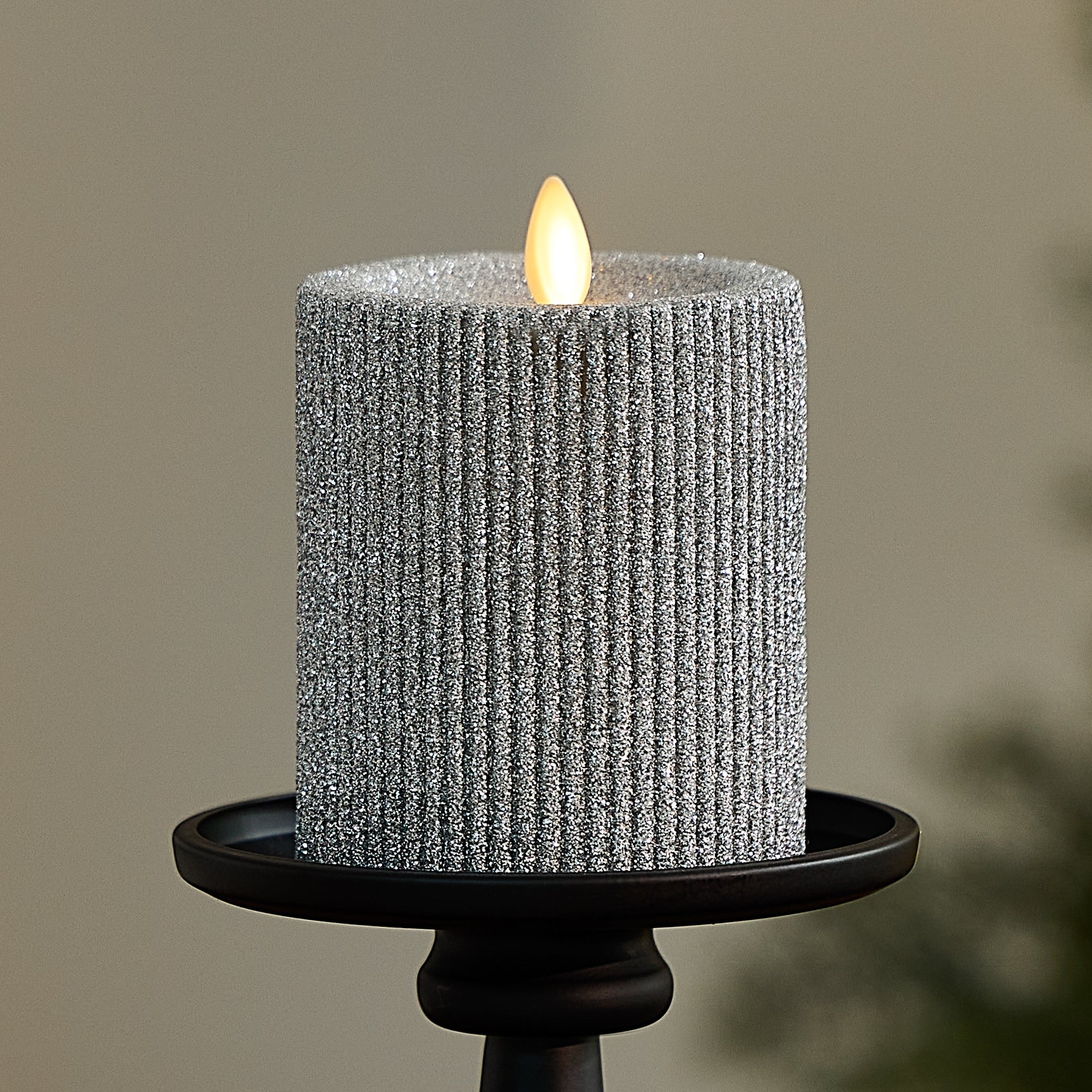 Brilliant Silver Glitter Ribbed Flameless Candle Pillar - Image 11