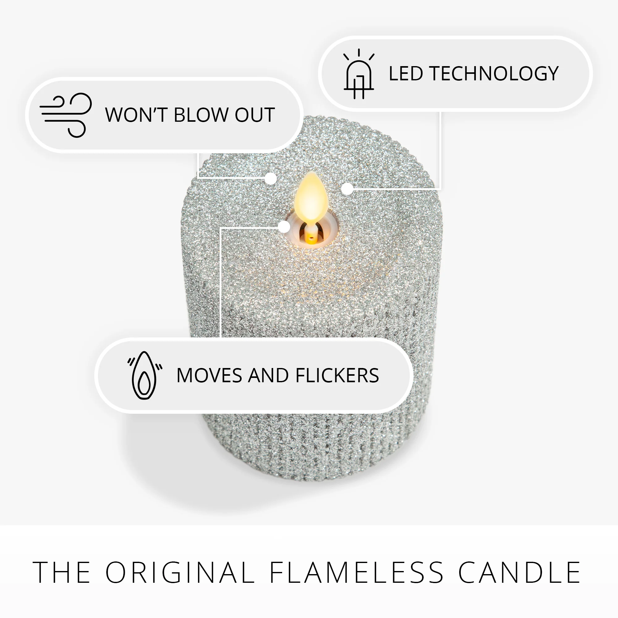 Brilliant Silver Glitter Ribbed Flameless Candle Pillar - Image 4