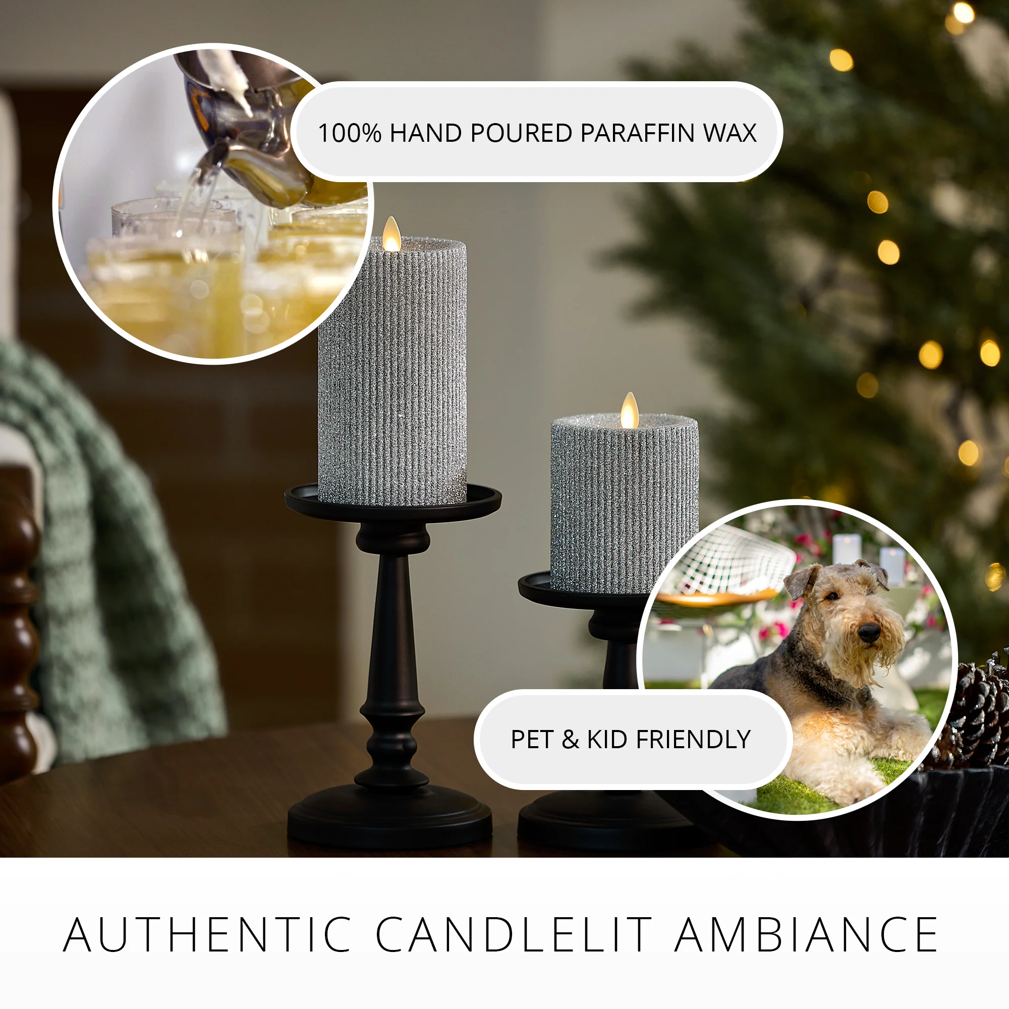 Brilliant Silver Glitter Ribbed Flameless Candle Pillar - Image 5