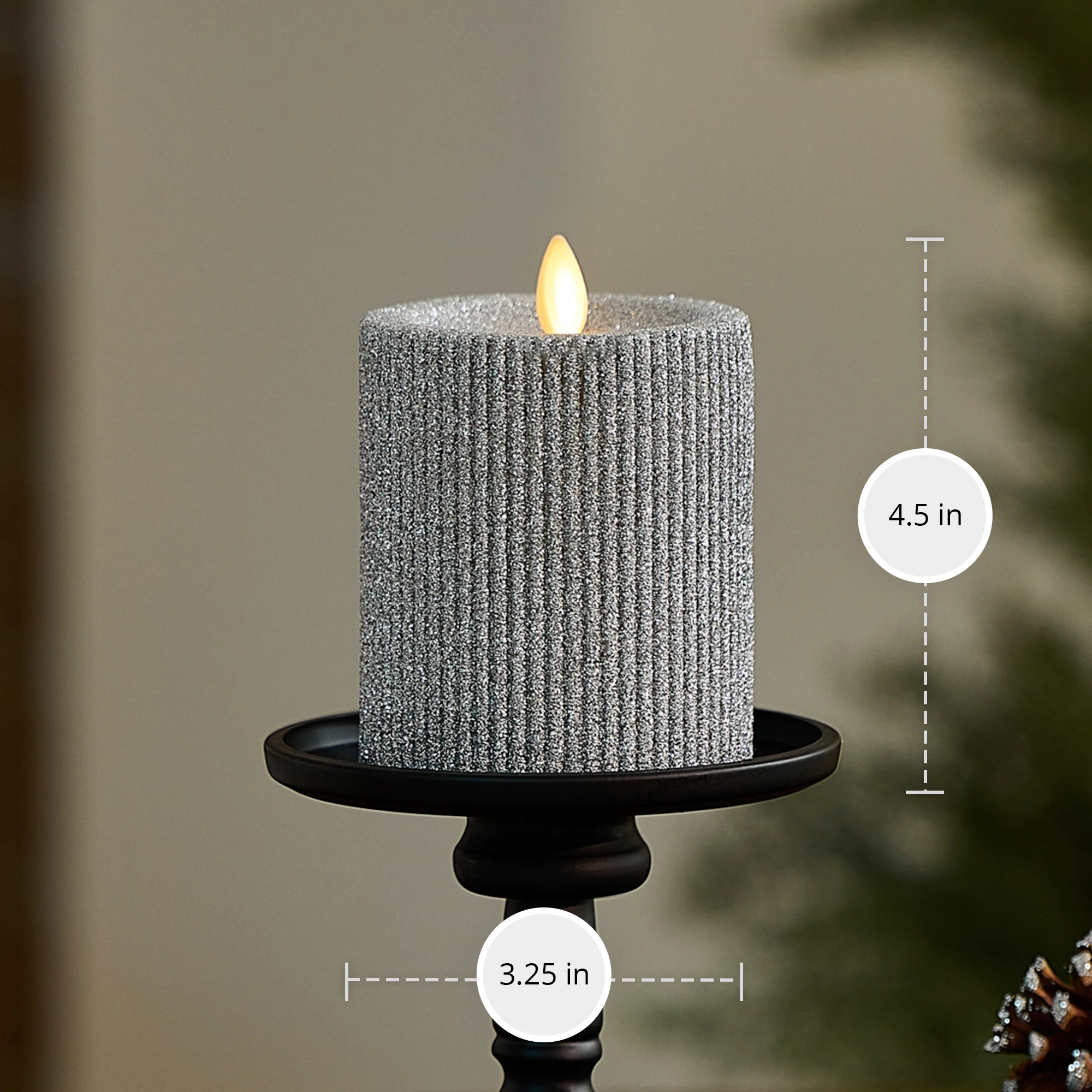 Brilliant Silver Glitter Ribbed Flameless Candle Pillar - Image 6
