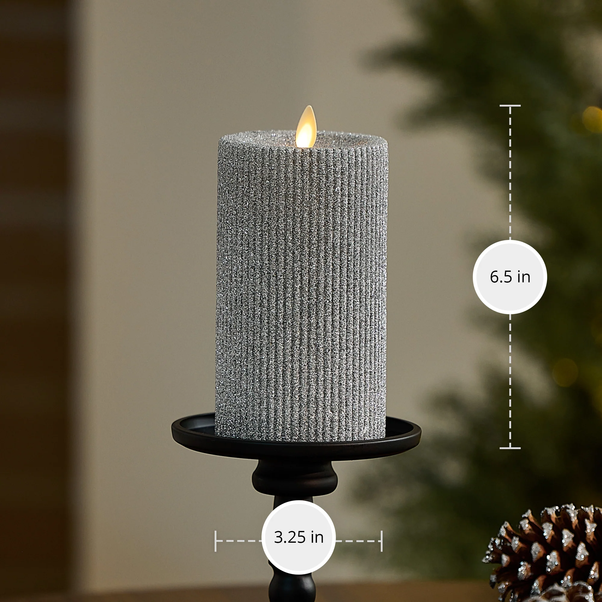 Brilliant Silver Glitter Ribbed Flameless Candle Pillar - Image 7