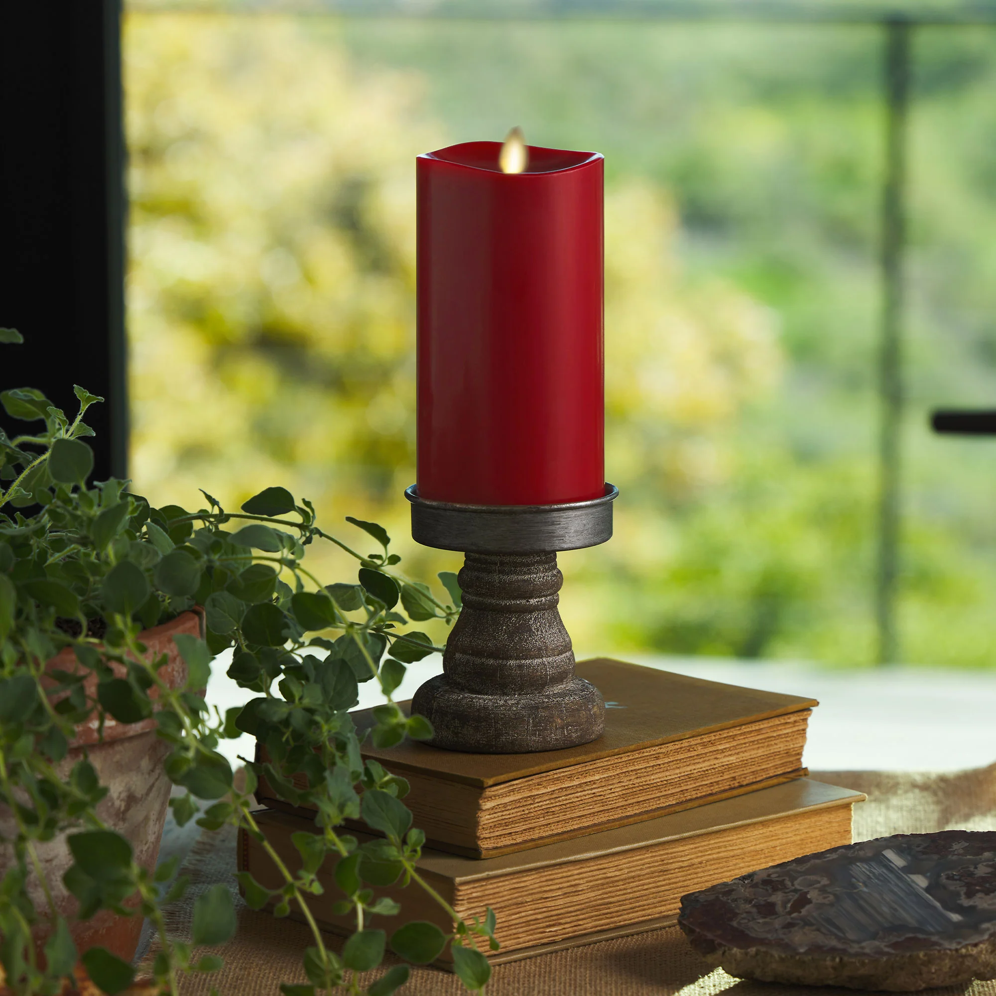 Burgundy Flameless Candle Pillar - Melted Top - 3" Width - Image 3