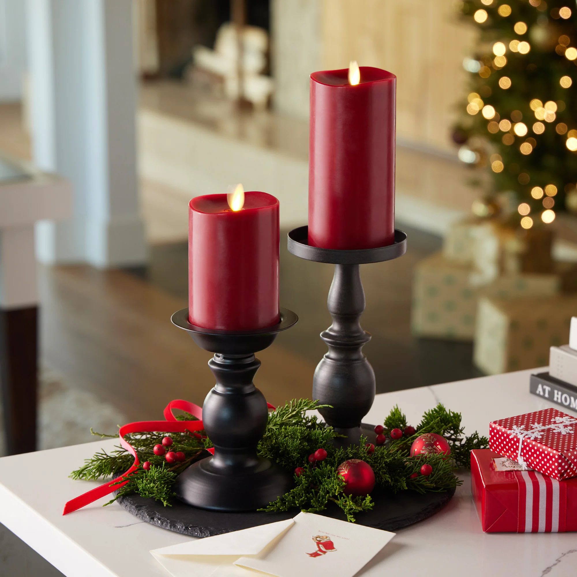 Burgundy Flameless Candle Pillar - Melted Top - 3" Width - Image 4