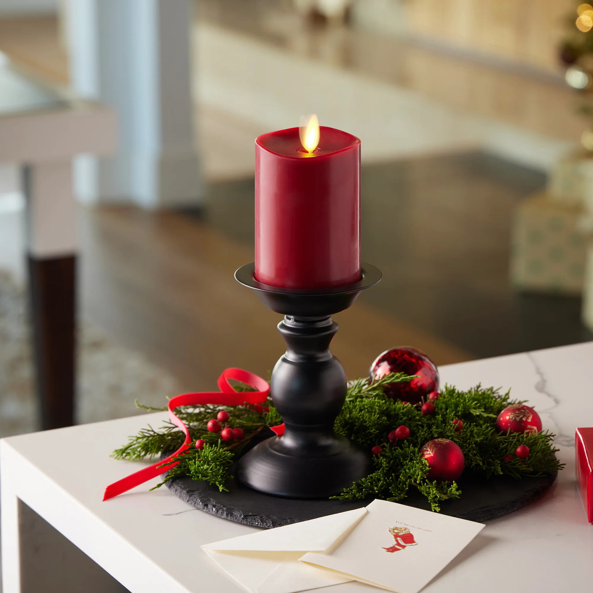 Burgundy Flameless Candle Pillar - Melted Top - 3" Width - Image 5
