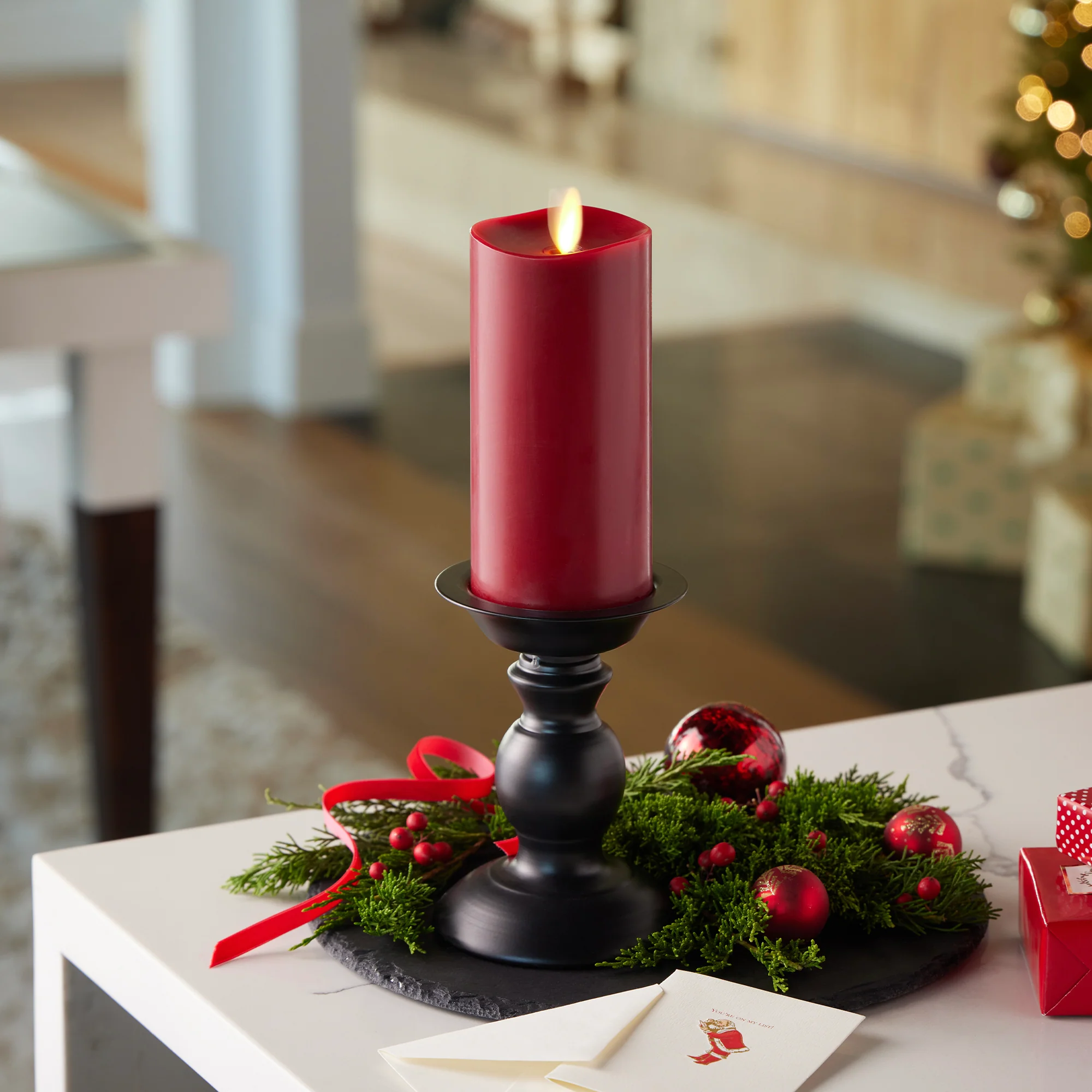 Burgundy Flameless Candle Pillar - Melted Top - 3" Width - Image 6