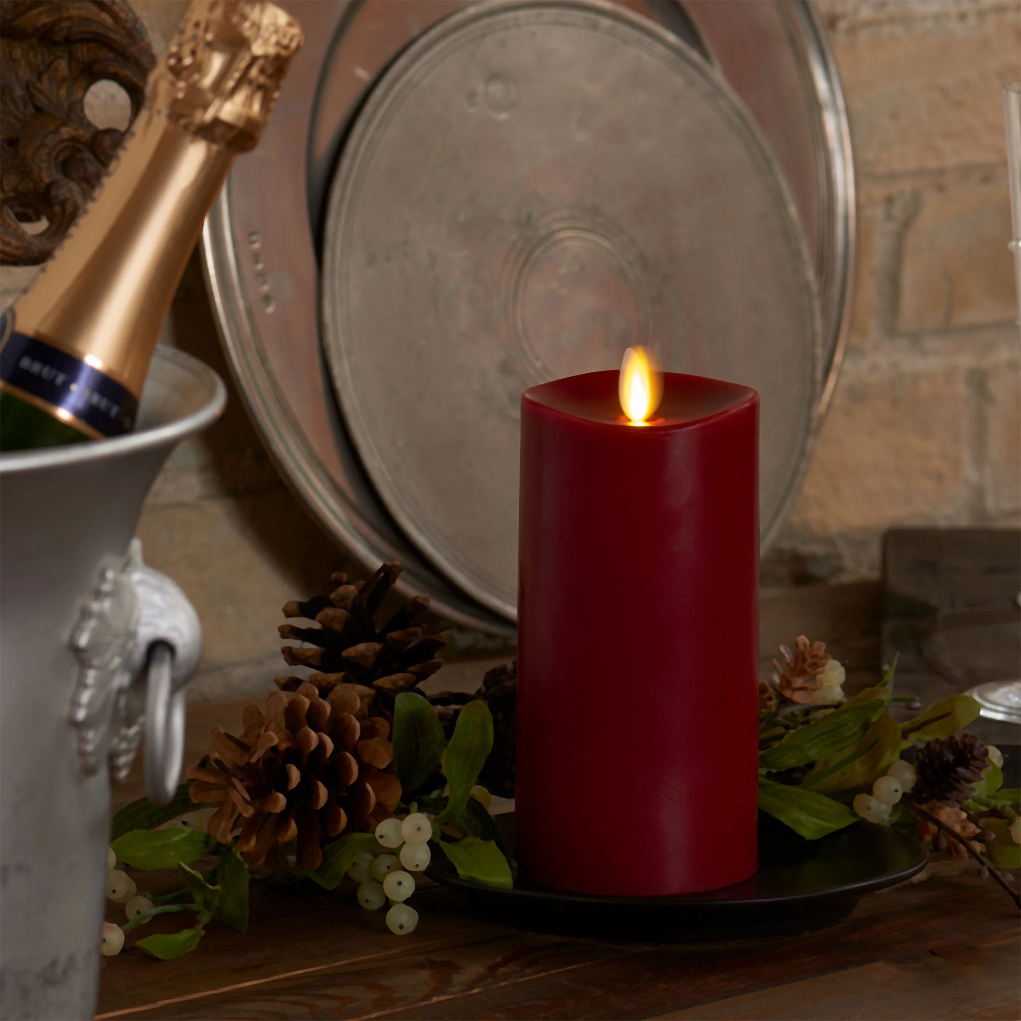 Burgundy Flameless Candle Pillar - Melted Top - 3" Width - Image 7