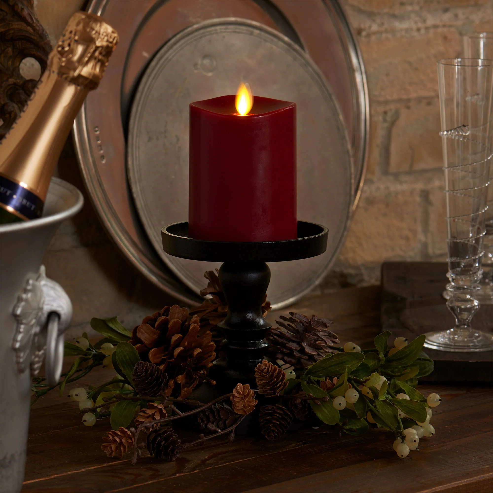 Burgundy Flameless Candle Pillar - Melted Top - 3" Width - Image 9