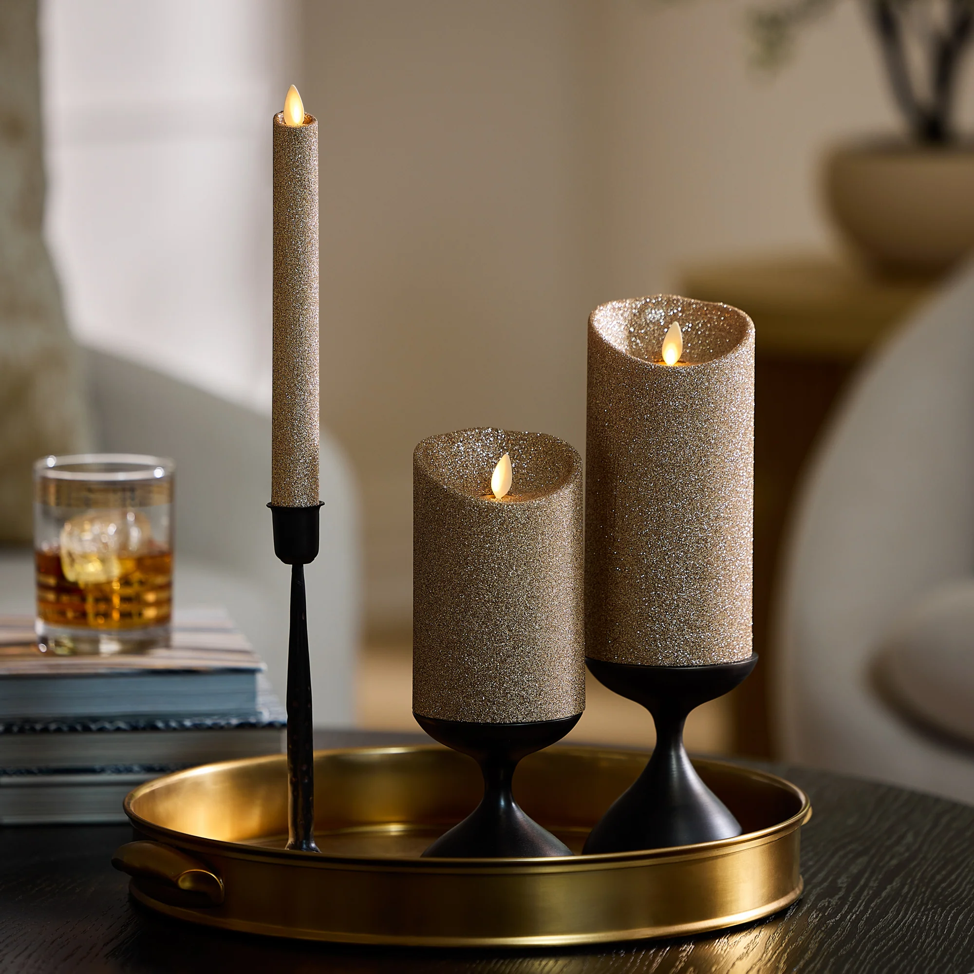 Champagne Glow Glitter Flameless Candle Pillars - Image 3
