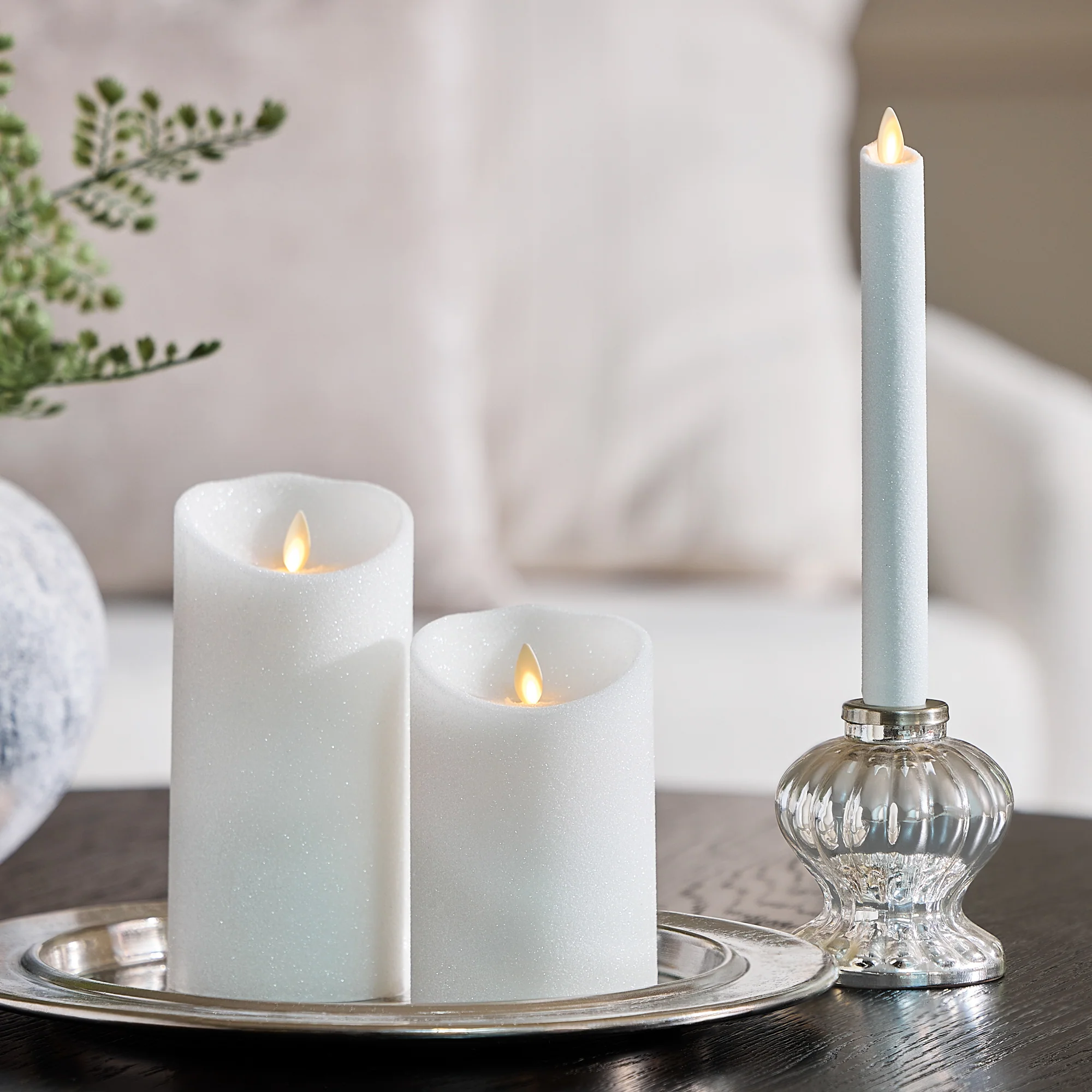 Dazzling White Glitter Flameless Candle Pillars - Image 2