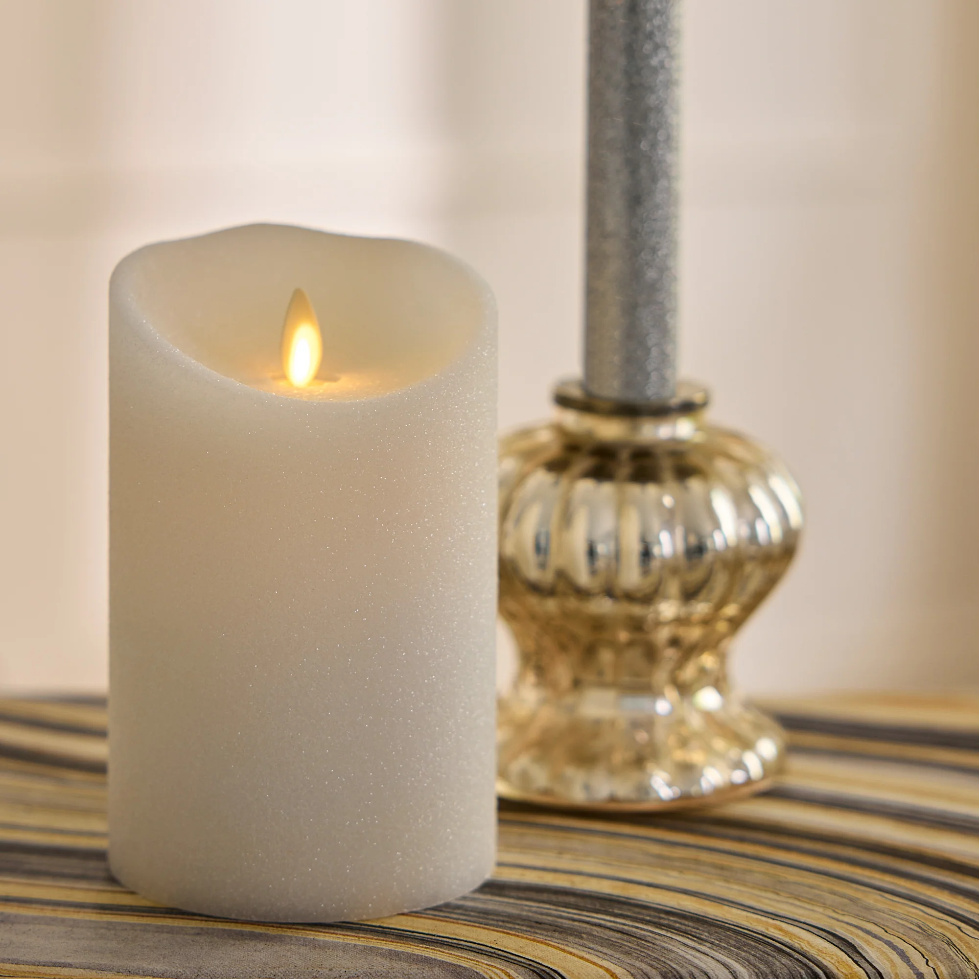 Dazzling White Glitter Flameless Candle Pillars - Image 3
