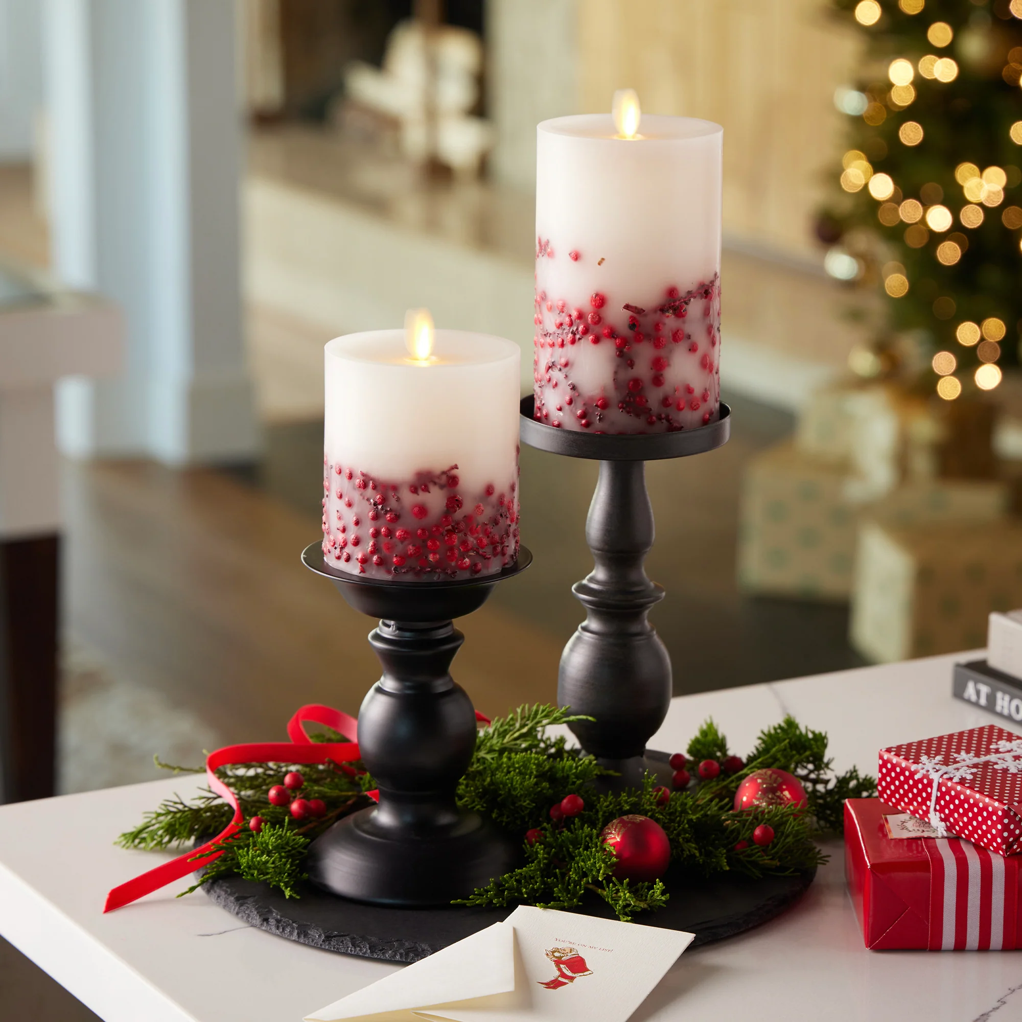 Embedded Red Berries Flameless Candle Pillar - Image 2