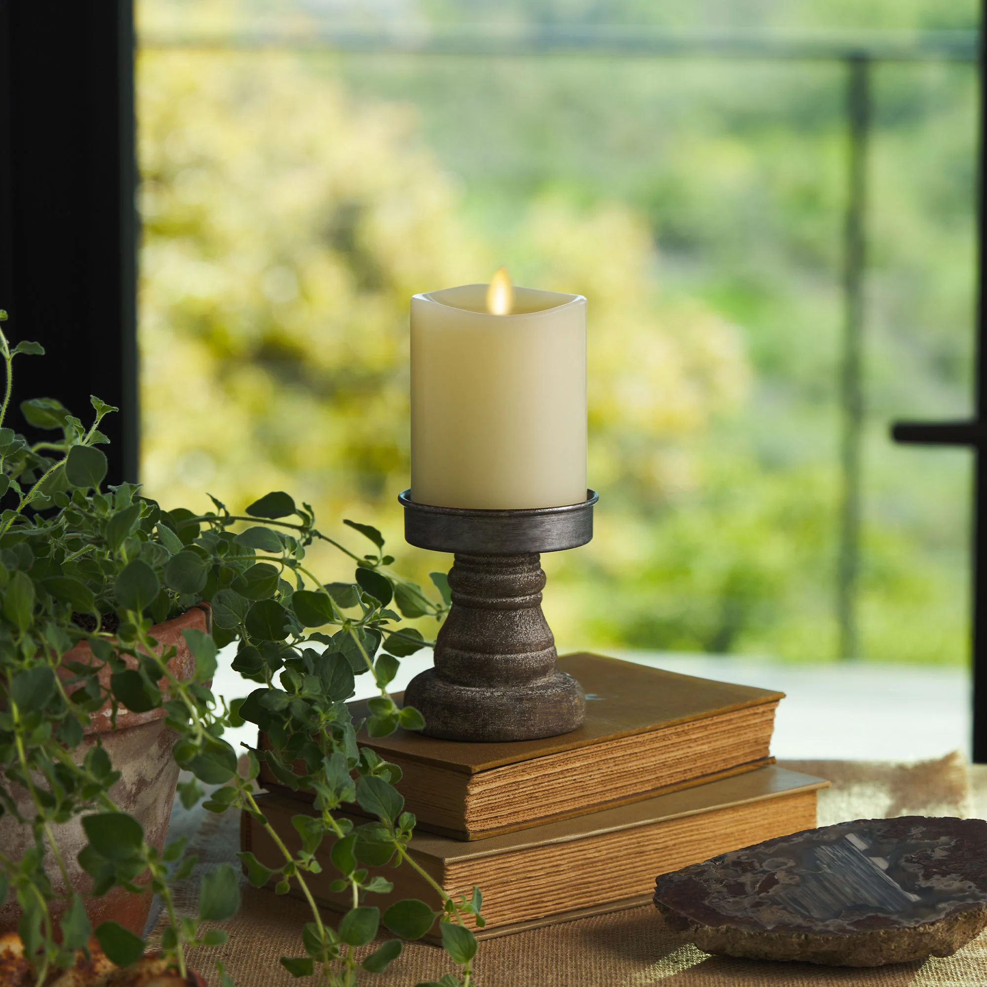 Ivory Flameless Candle Pillar - Melted Top - 3" Width - Image 6