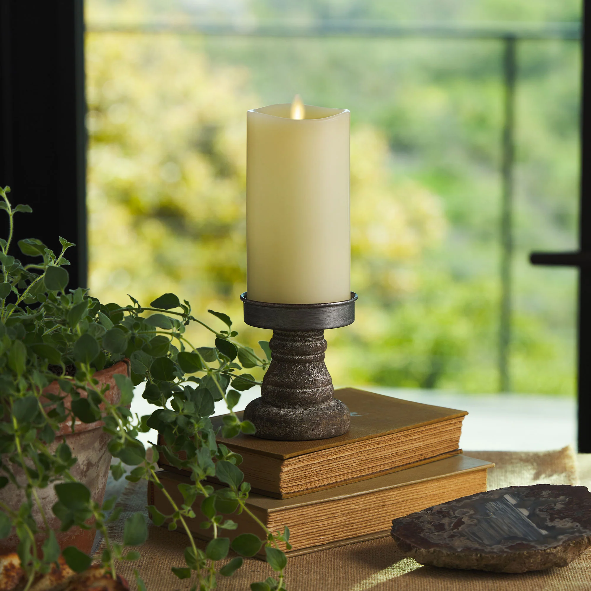 Ivory Flameless Candle Pillar - Melted Top - 3" Width - Image 7