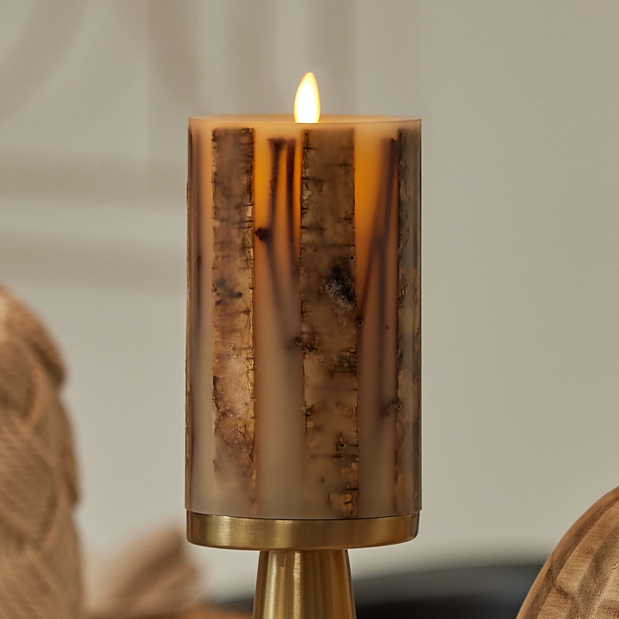 Ivory Embedded Birch and Twigs Flameless Candle Pillar - Image 3