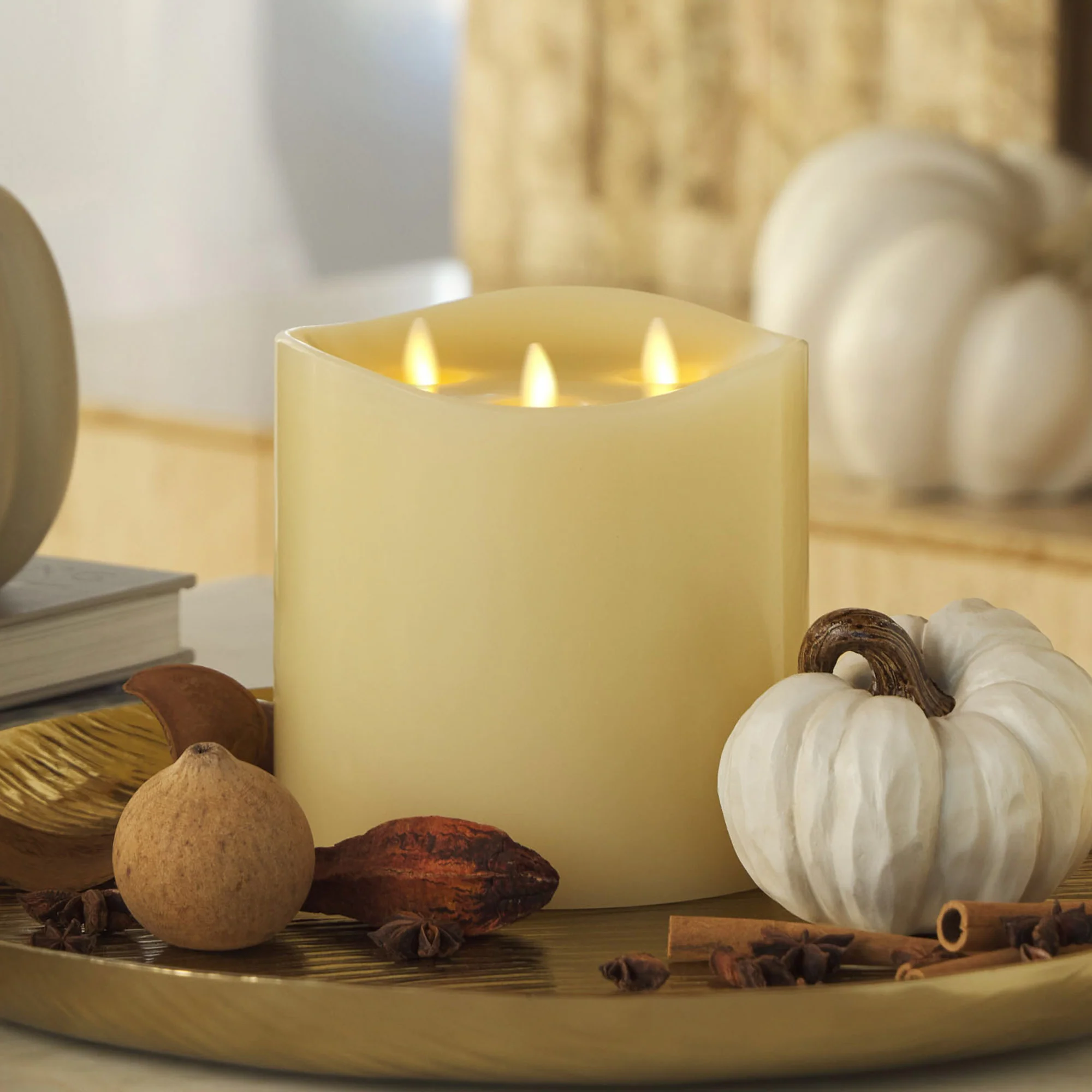 Ivory Flameless Candle Tri-Flame Grand Pillar - Melted Top - Image 2