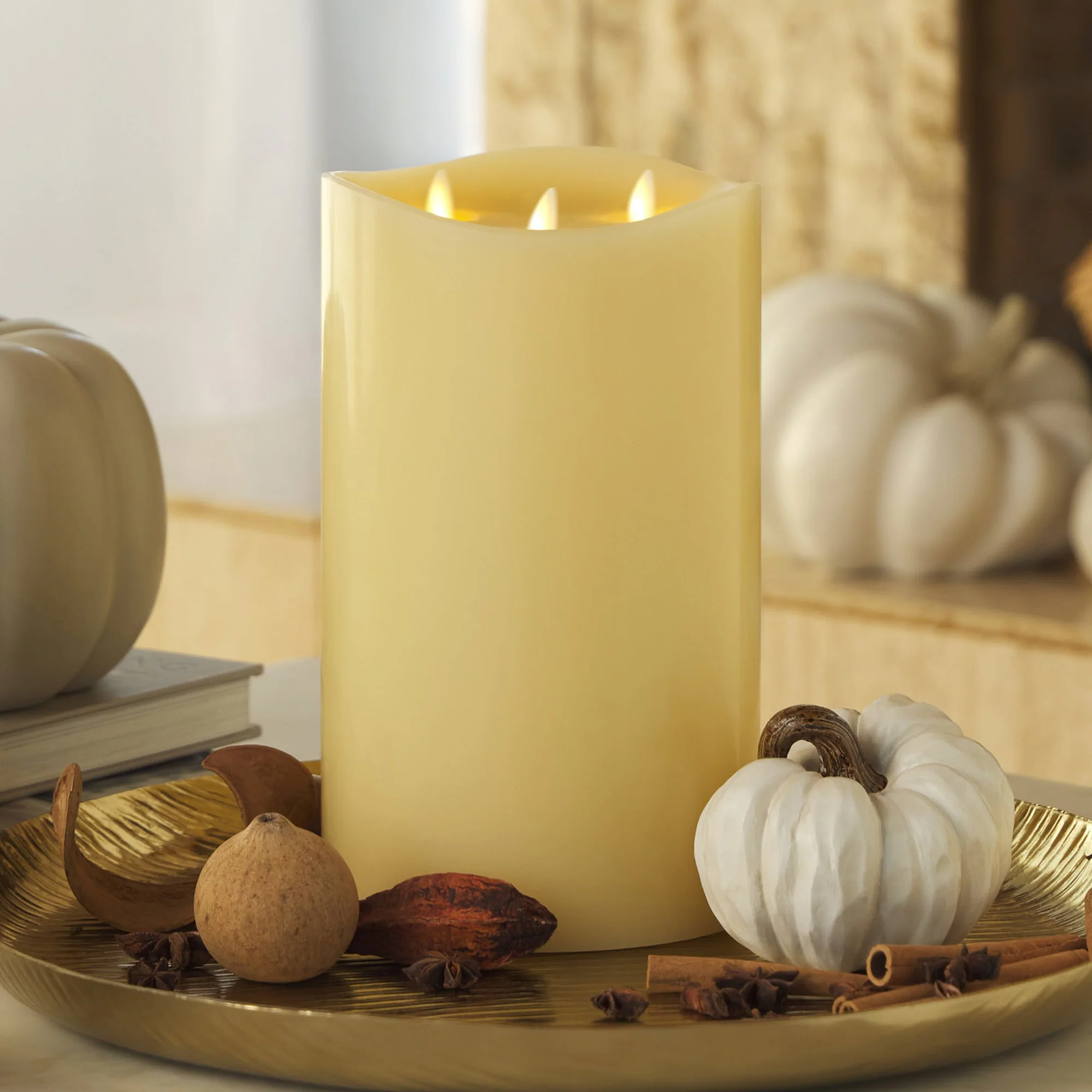 Ivory Flameless Candle Tri-Flame Grand Pillar - Melted Top - Image 3