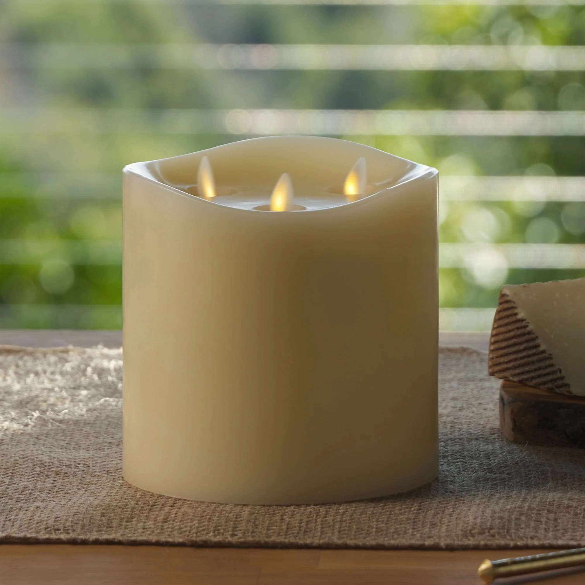 Ivory Flameless Candle Tri-Flame Grand Pillar - Melted Top - Image 4