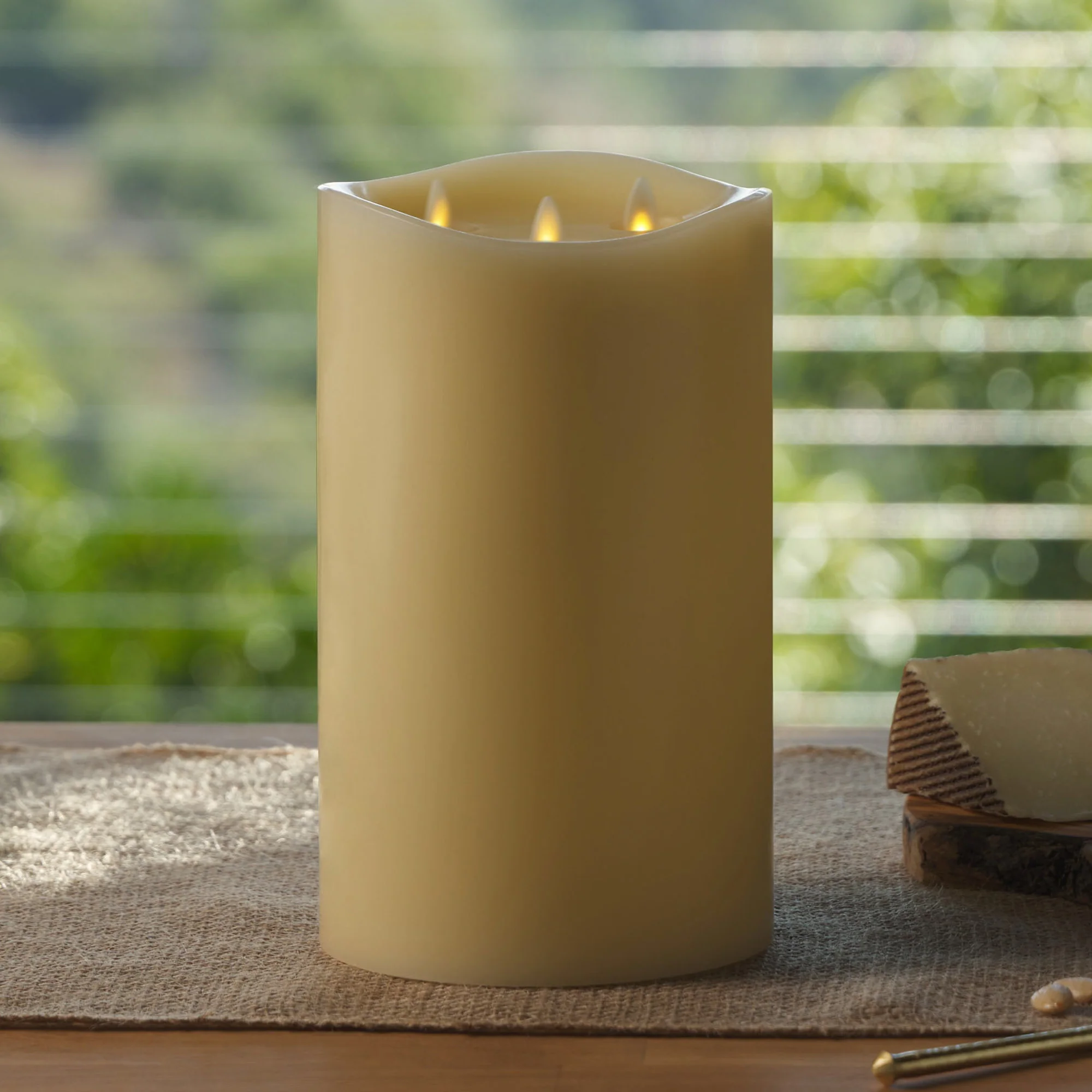 Ivory Flameless Candle Tri-Flame Grand Pillar - Melted Top - Image 5