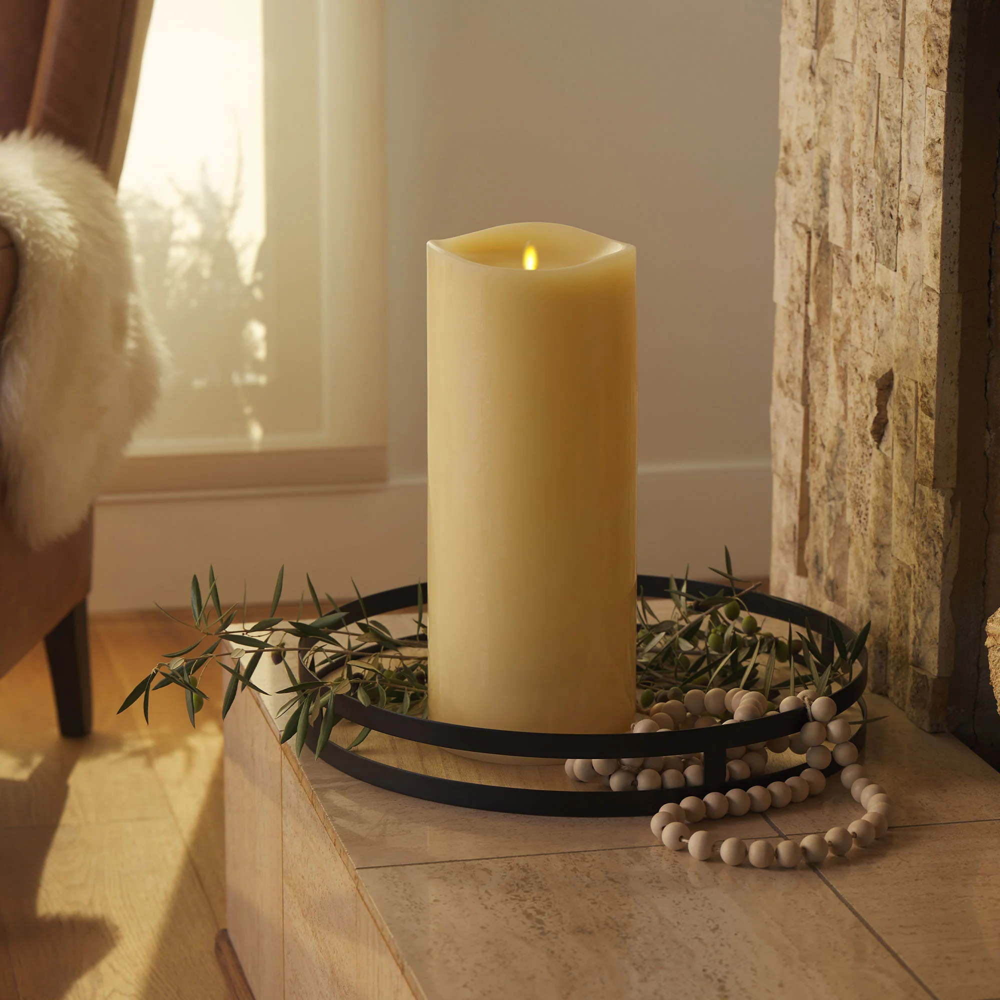 Ivory Flameless Candle Grand Pillar - Melted Top - 6.25" Width - Image 11