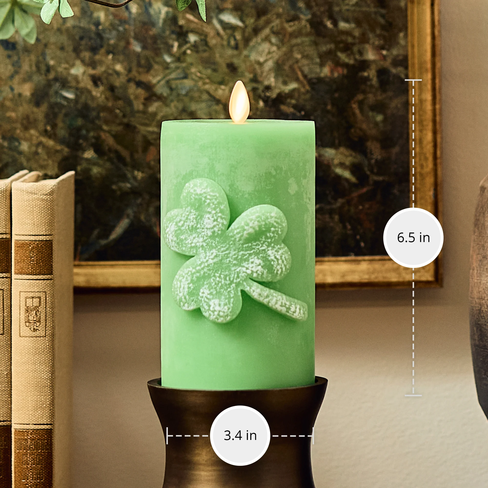 Lucky Green Flameless Candle Shamrock Pillar - Image 5
