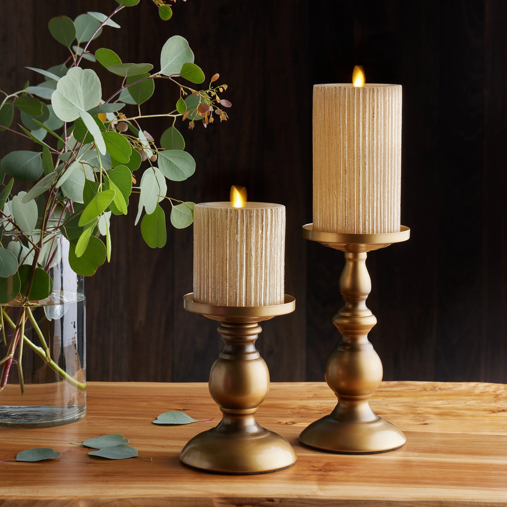 Ribbed Metallic Champagne Flameless Candle Pillar - Image 2