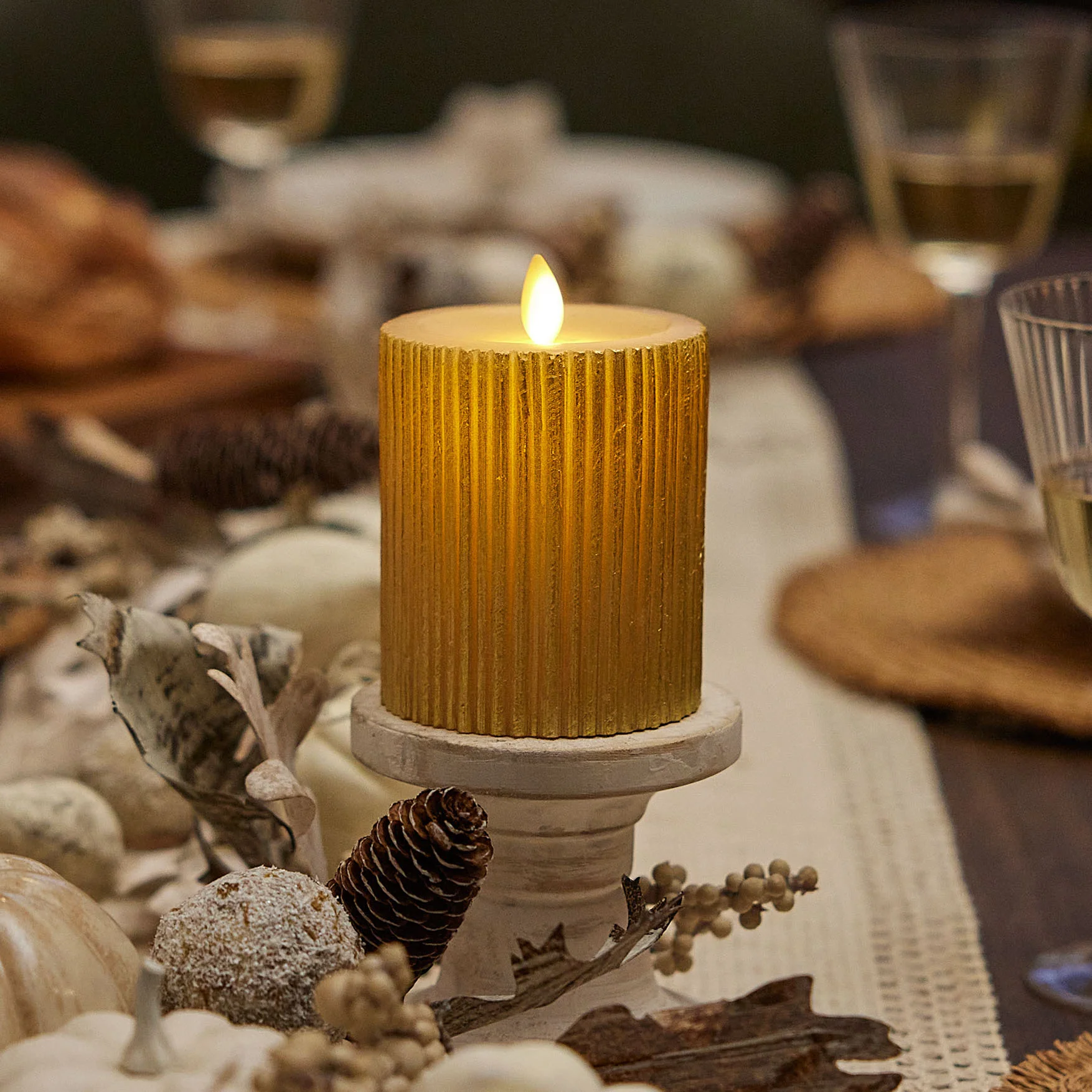 Ribbed Metallic Champagne Flameless Candle Pillar - Image 6