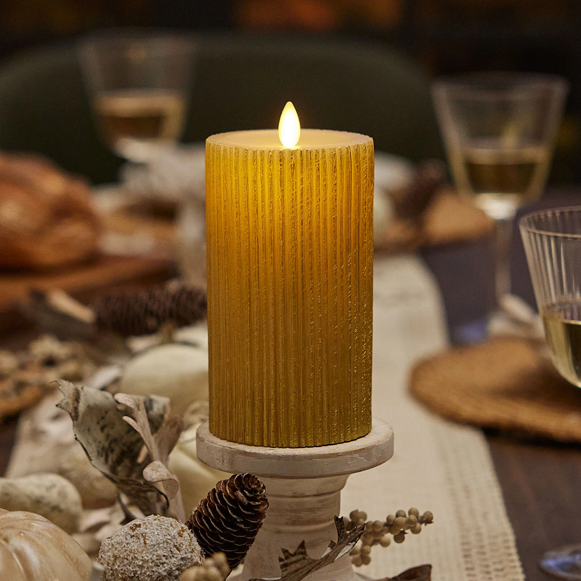 Ribbed Metallic Champagne Flameless Candle Pillar - Image 9
