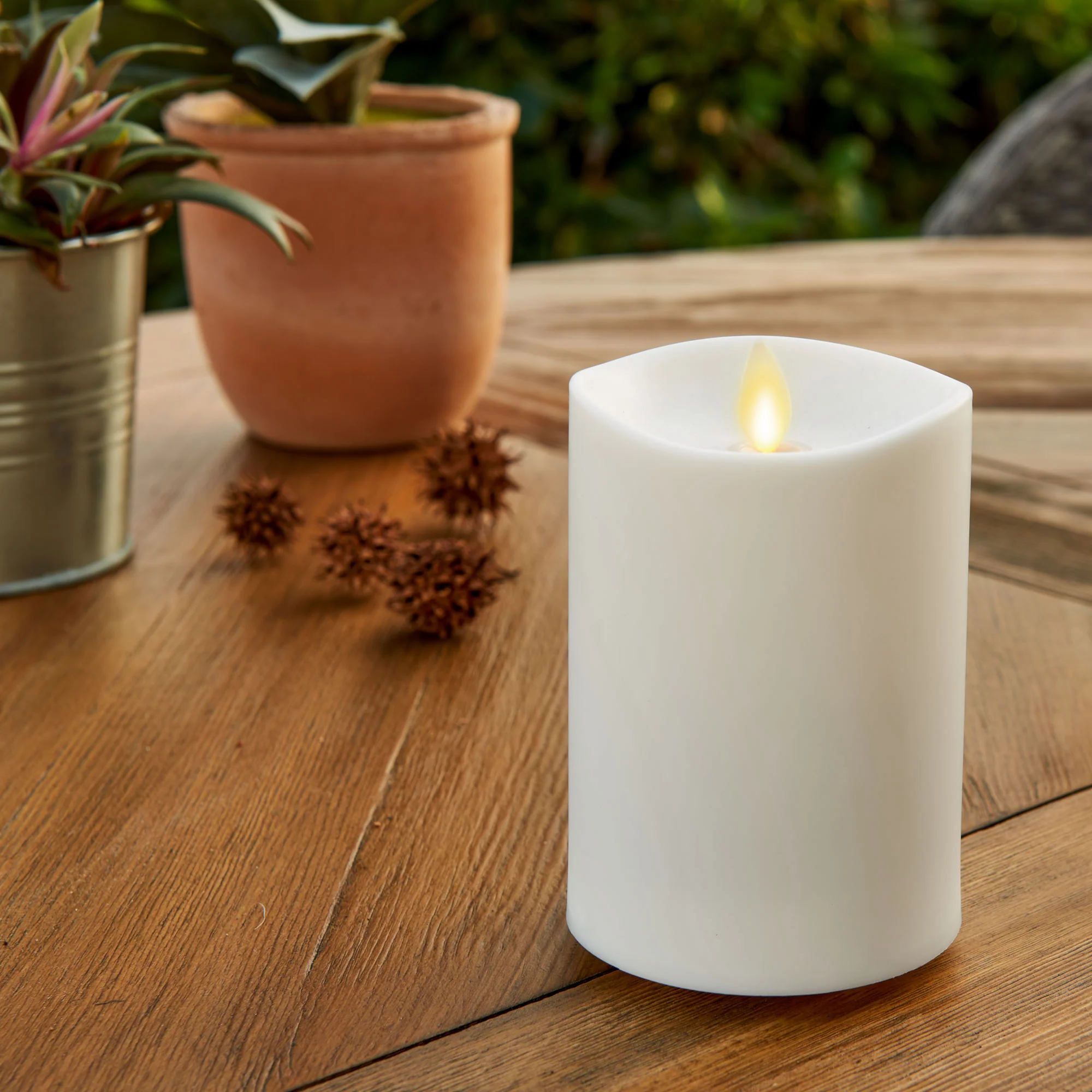 Pearl Ivory Outdoor Flameless Candle Pillar - Melted Top - 3.25" Width - Image 3