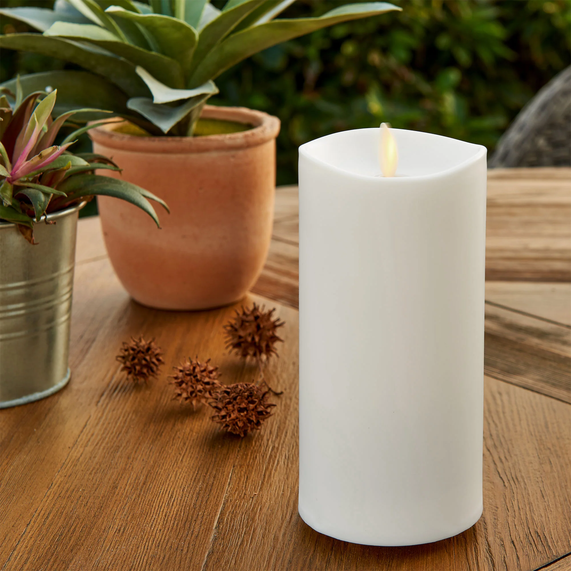 Pearl Ivory Outdoor Flameless Candle Pillar - Melted Top - 3.25" Width - Image 5