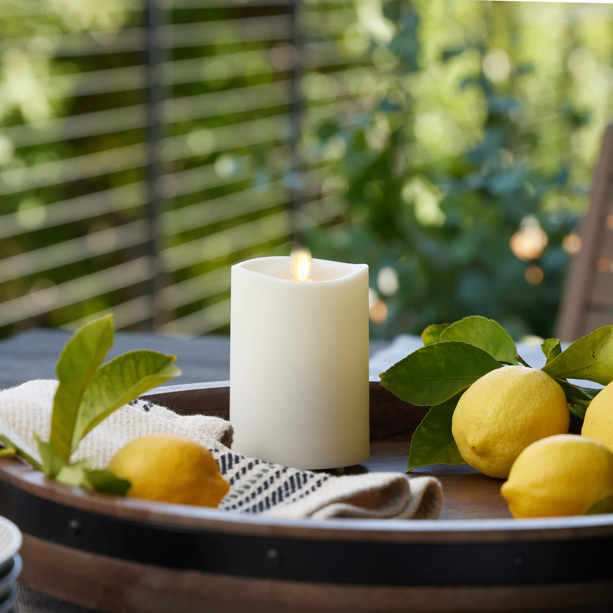 Pearl Ivory Outdoor Flameless Candle Pillar - Melted Top - 3.25" Width - Image 6