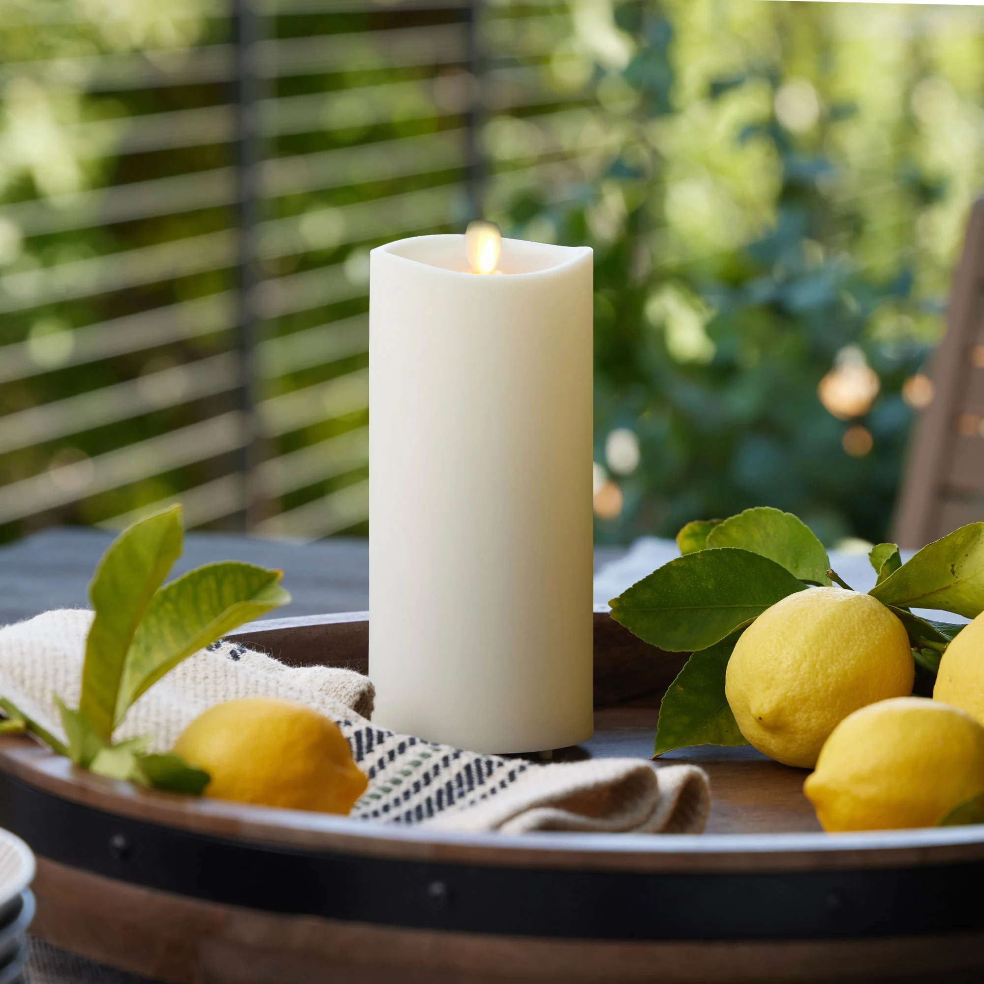 Pearl Ivory Outdoor Flameless Candle Pillar - Melted Top - 3.25" Width - Image 7