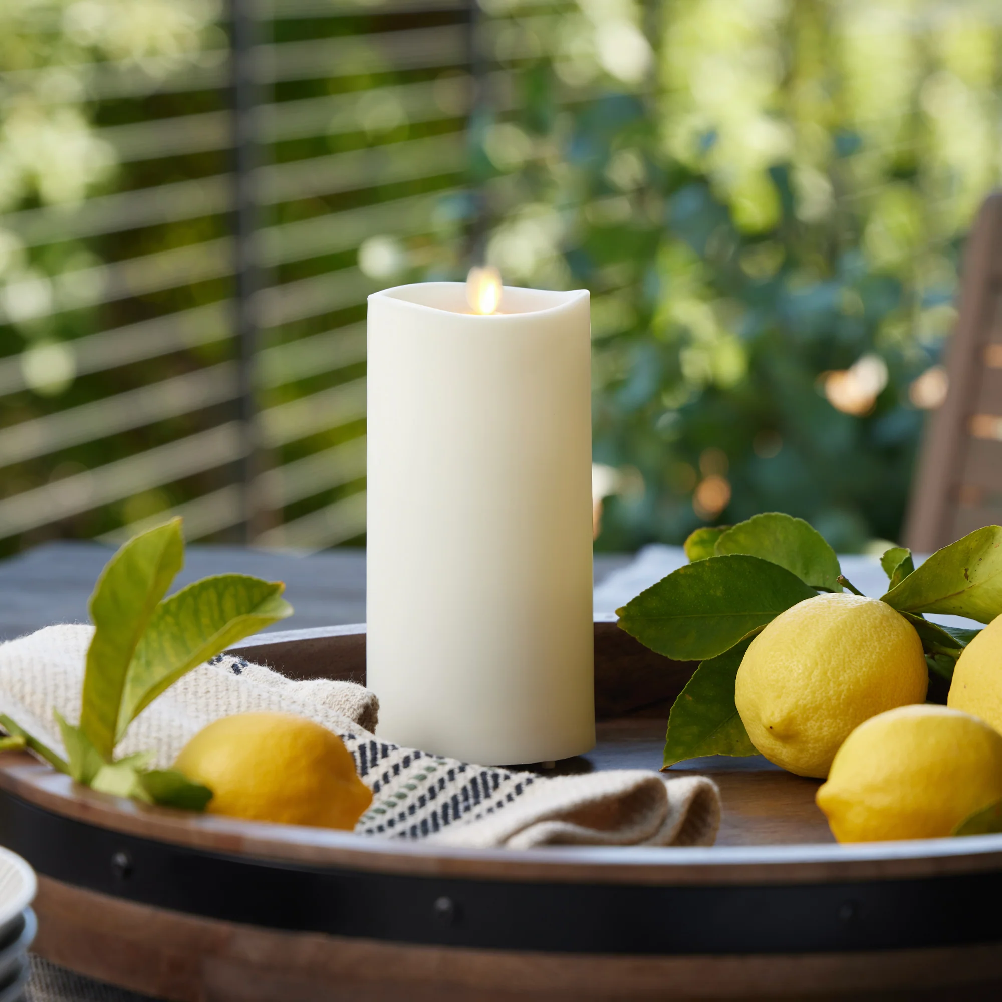 Pearl Ivory Outdoor Flameless Candle Pillar - Melted Top - 3.25" Width - Image 9