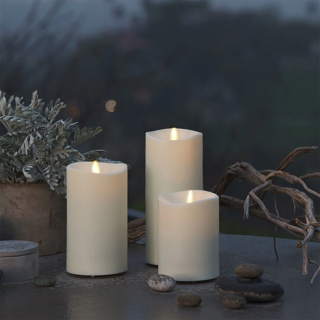 Outdoor Flameless Ivory Pearl Candle Pillar - Melted Top - 3.75" Width - Image 2