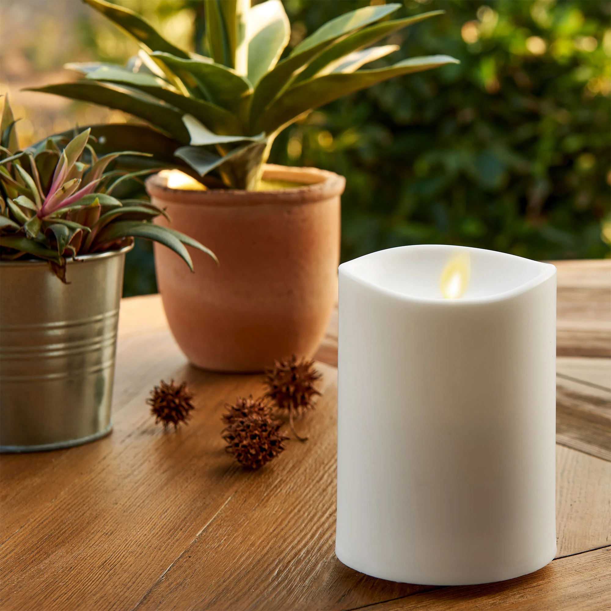 Outdoor Flameless Ivory Pearl Candle Pillar - Melted Top - 3.75" Width - Image 5