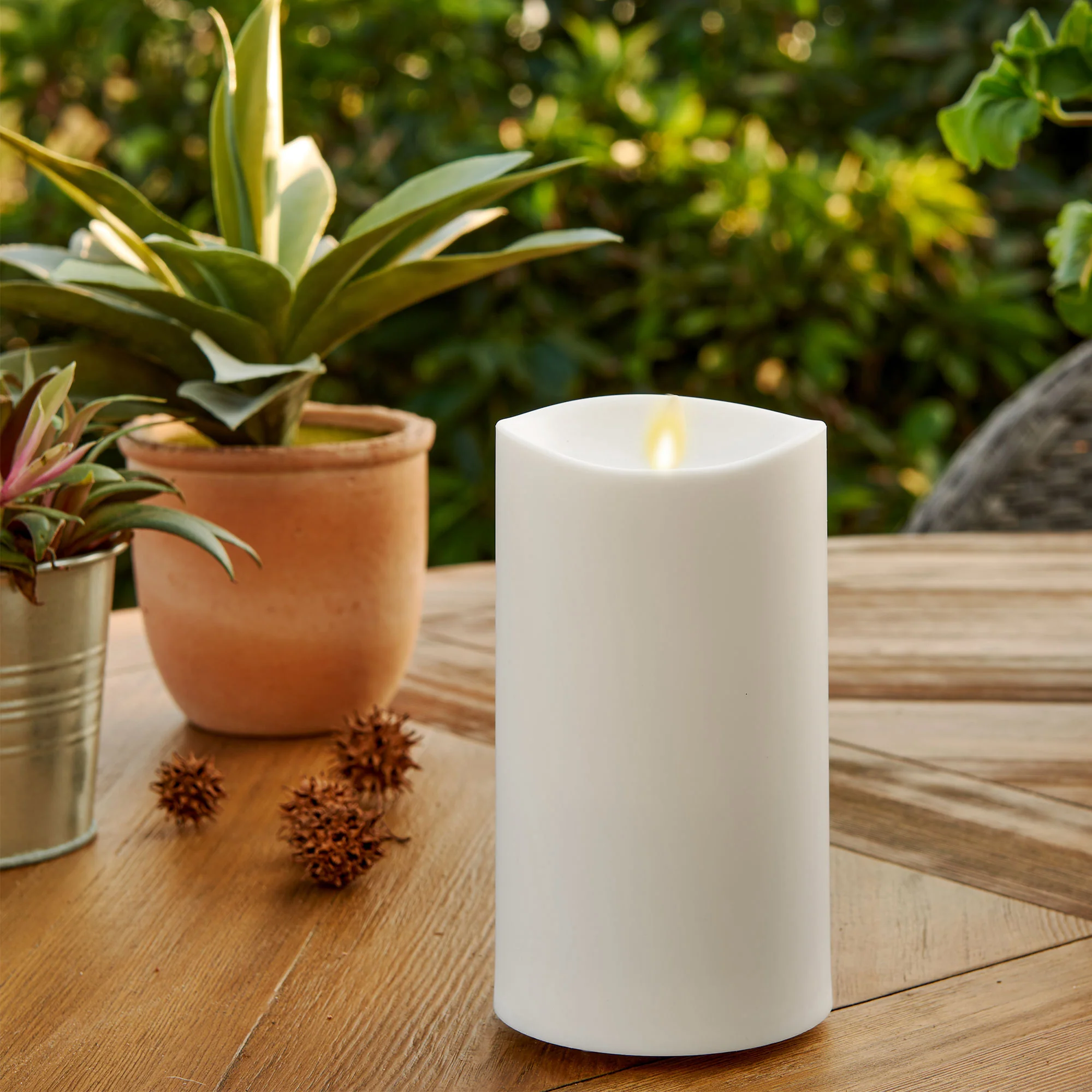 Outdoor Flameless Ivory Pearl Candle Pillar - Melted Top - 3.75" Width - Image 8