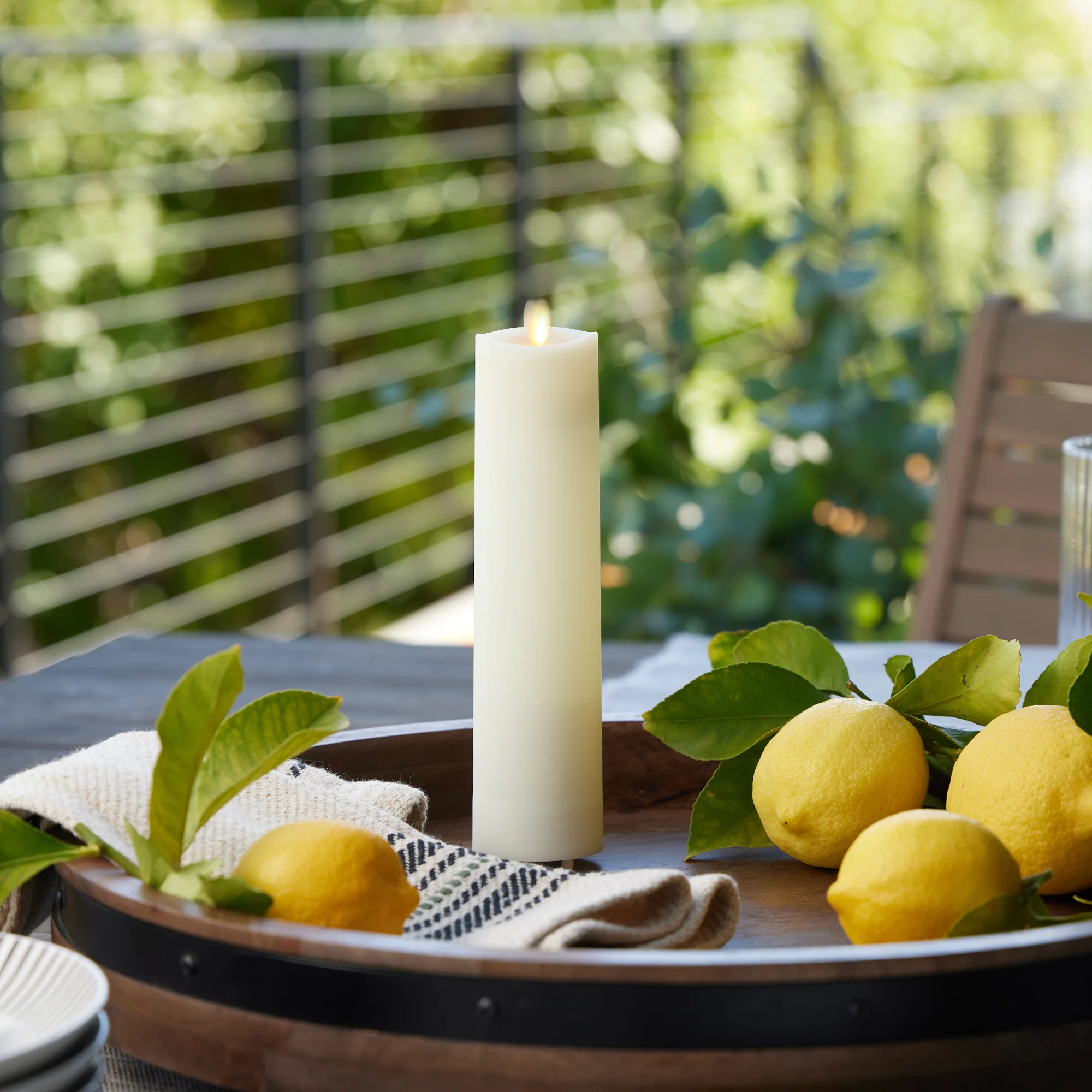 Pearl Ivory Outdoor Flameless Candle Slim Pillar - Melted Top - 2" Width - Image 10