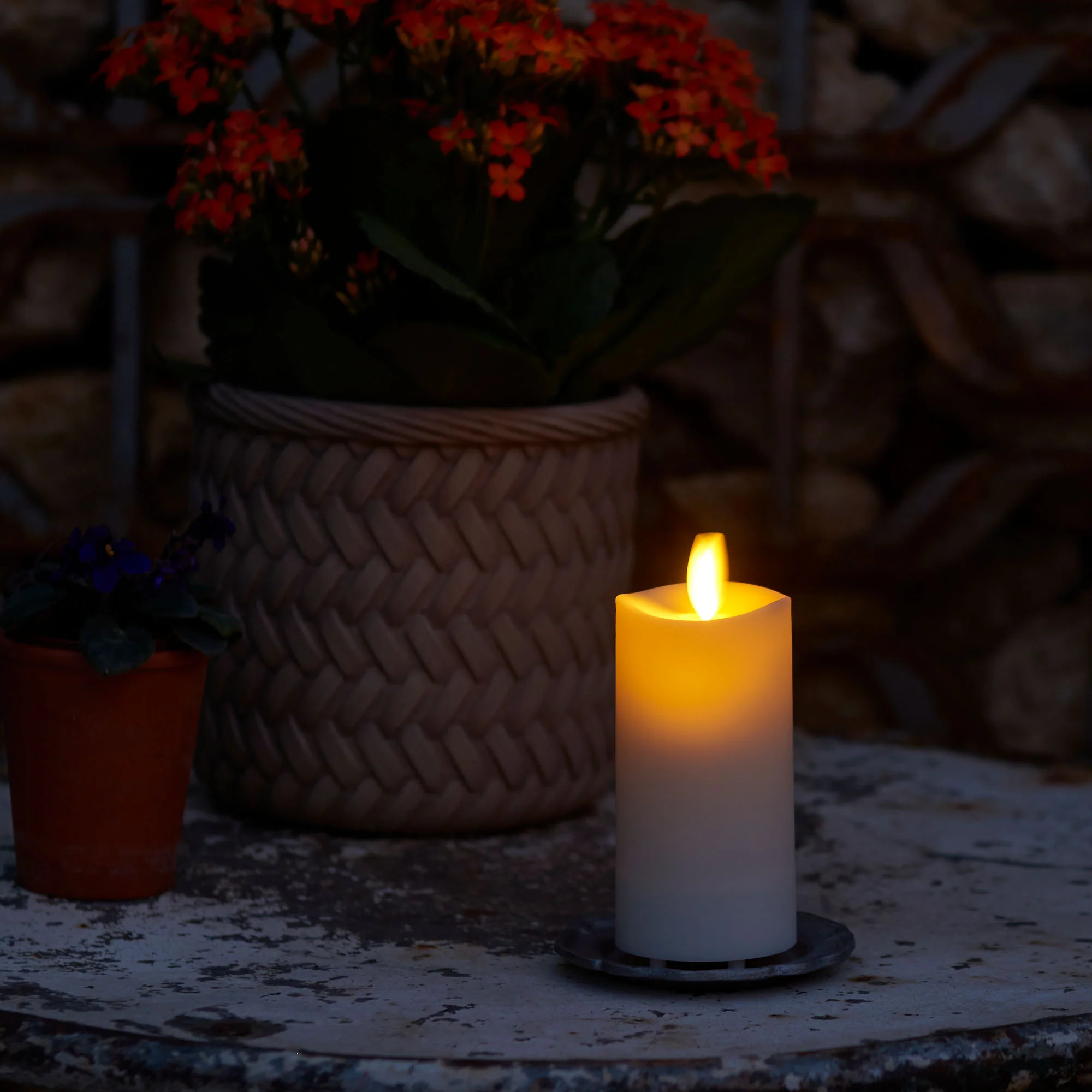Pearl Ivory Outdoor Flameless Candle Slim Pillar - Melted Top - 2" Width - Image 11