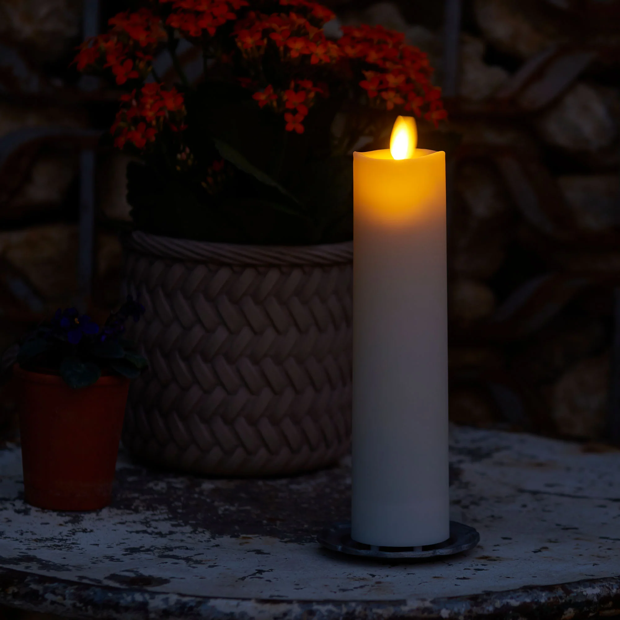 Pearl Ivory Outdoor Flameless Candle Slim Pillar - Melted Top - 2" Width - Image 12