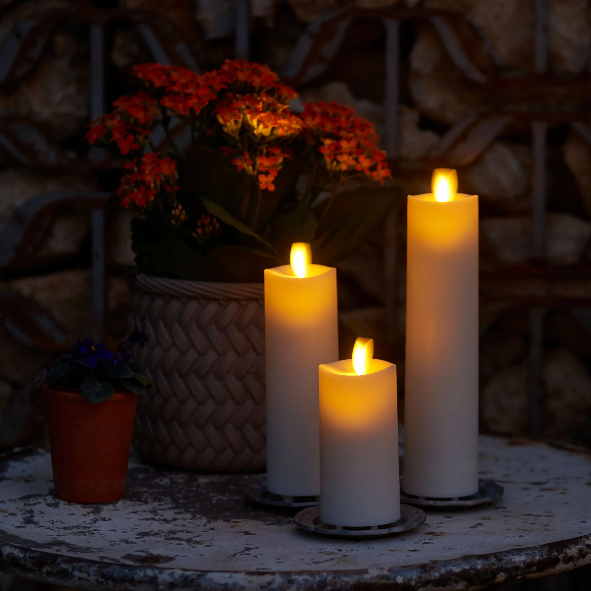 Pearl Ivory Outdoor Flameless Candle Slim Pillar - Melted Top - 2" Width - Image 3