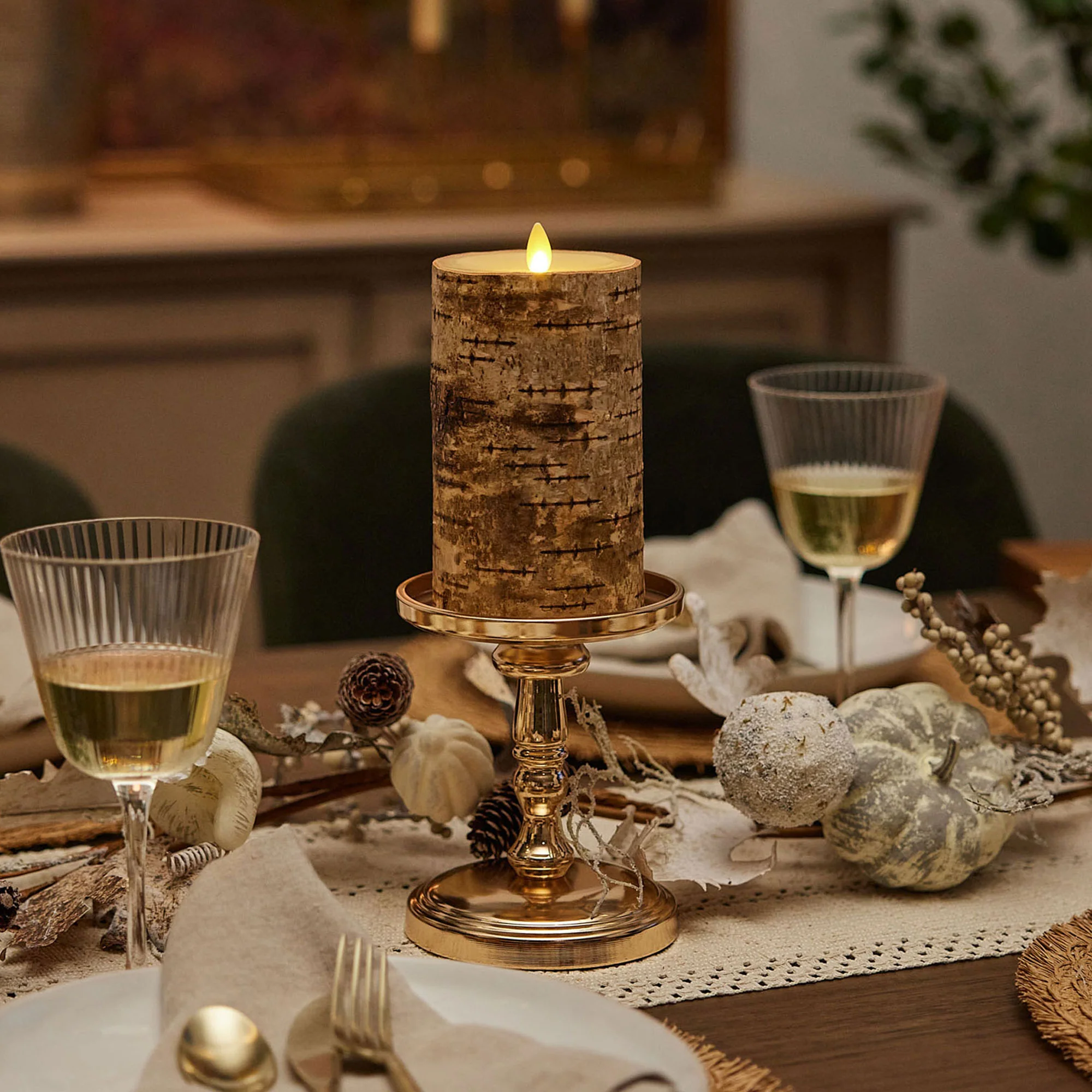 Real Birch Wood Flameless Candle Pillar - Recessed Top - 3.5" Width - Image 3