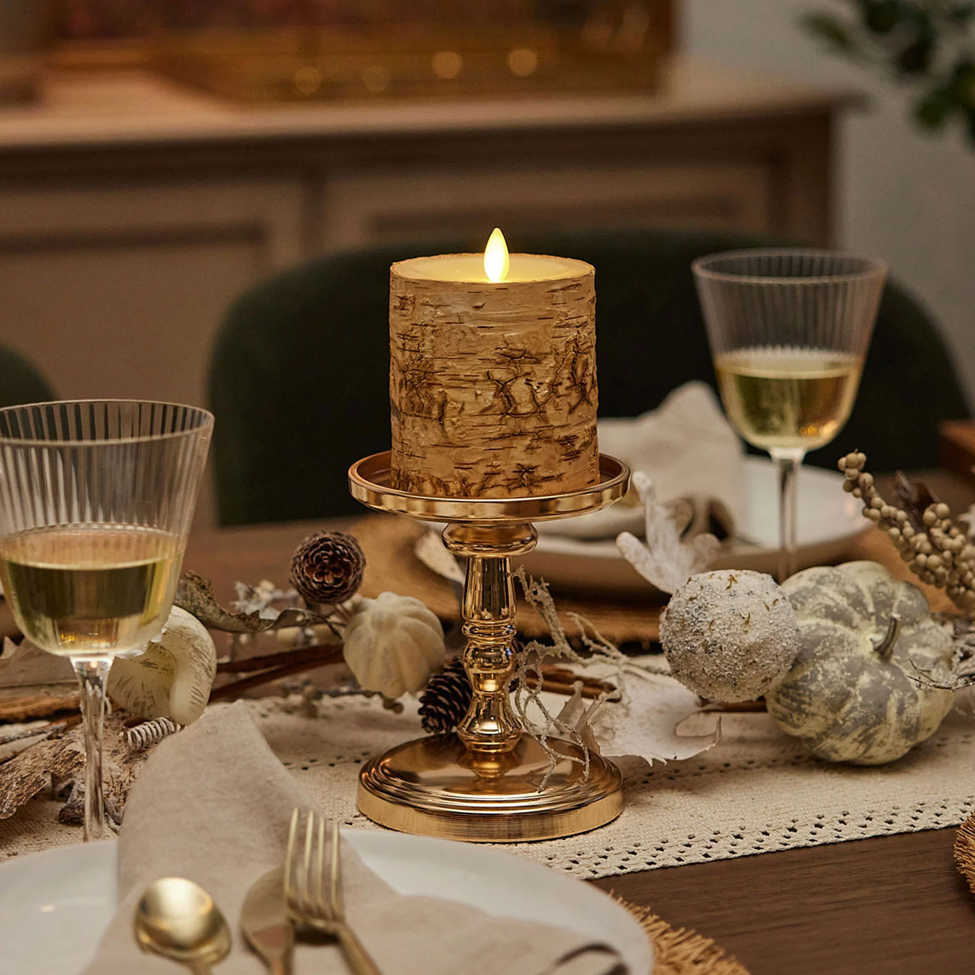 Real Birch Wood Flameless Candle Pillar - Recessed Top - 3.5" Width - Image 4