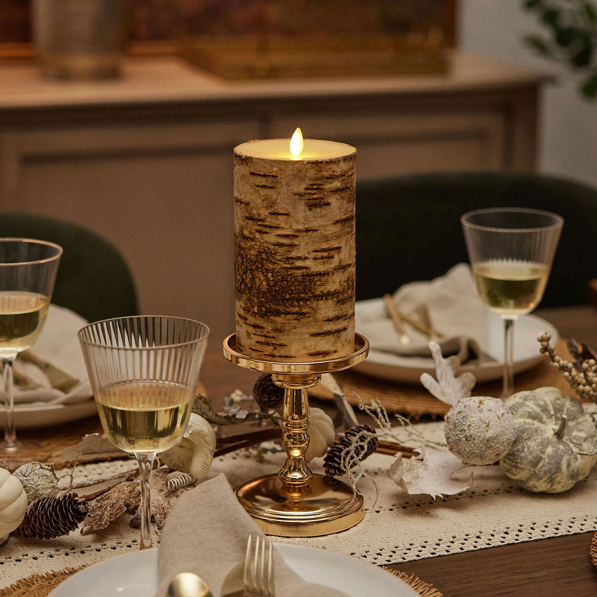 Real Birch Wood Flameless Candle Pillar - Recessed Top - 4" Width - Image 5