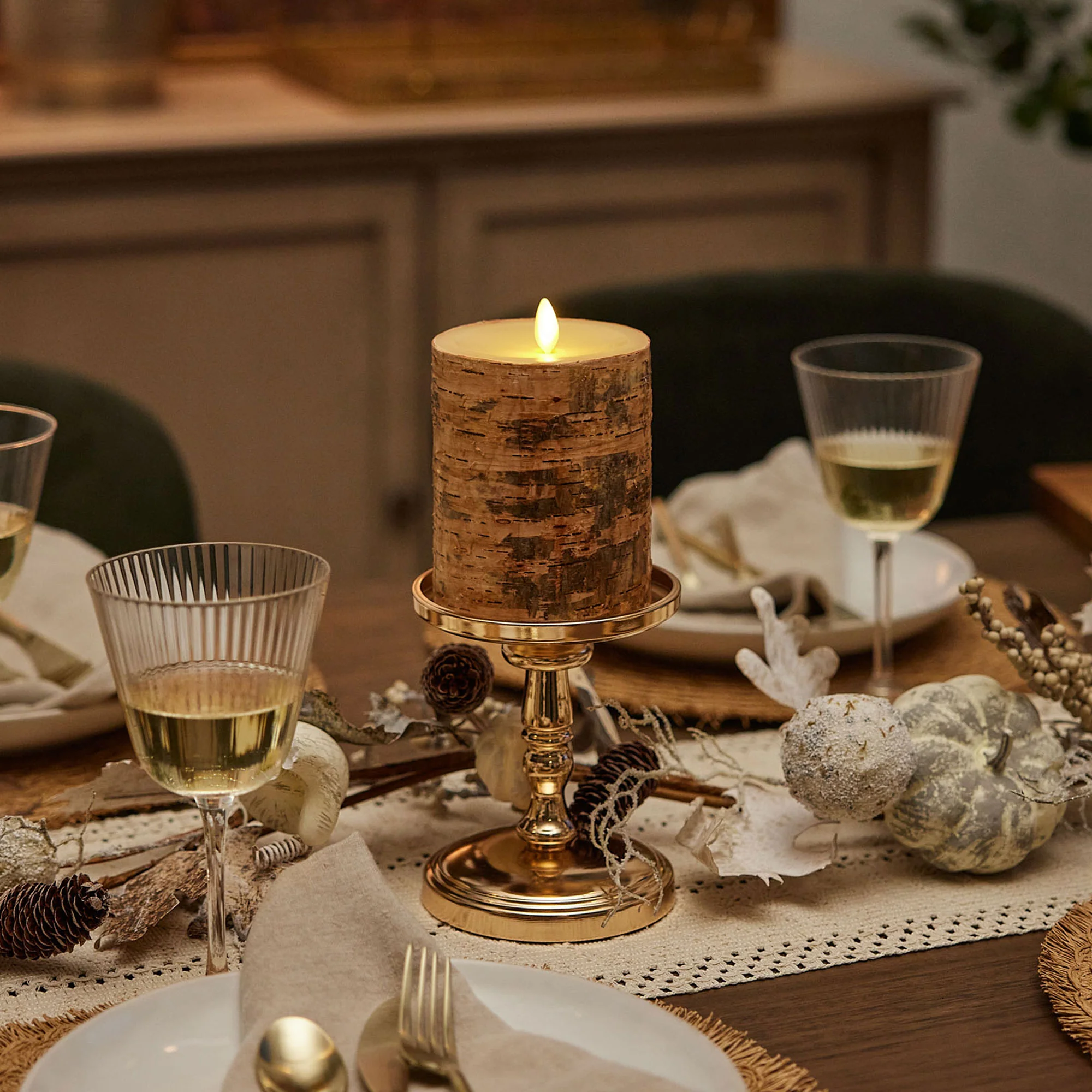Real Birch Wood Flameless Candle Pillar - Recessed Top - 4" Width - Image 6